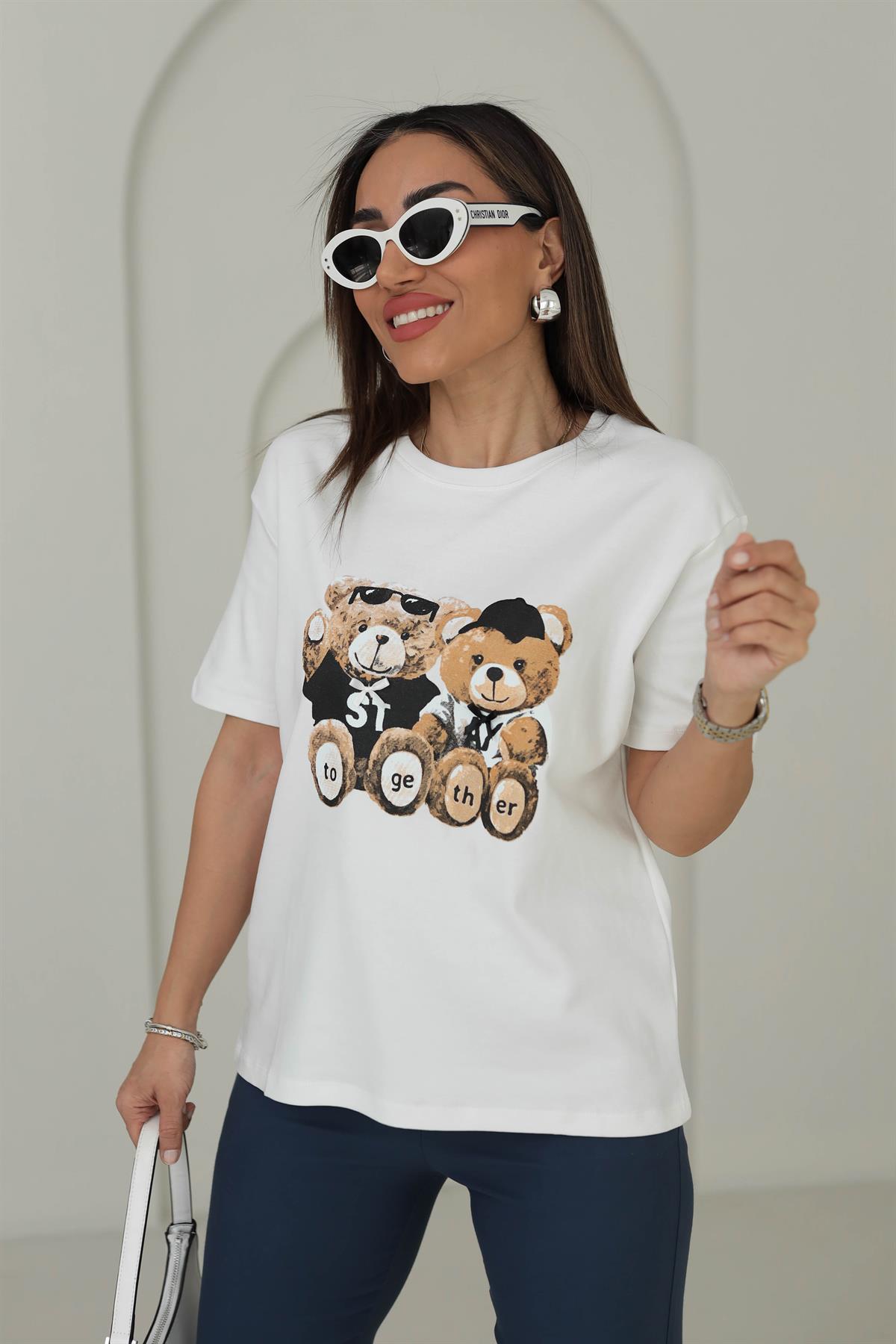 7878 Tedy Baskılı Bisiklet Yaka Tshirt BEYAZ