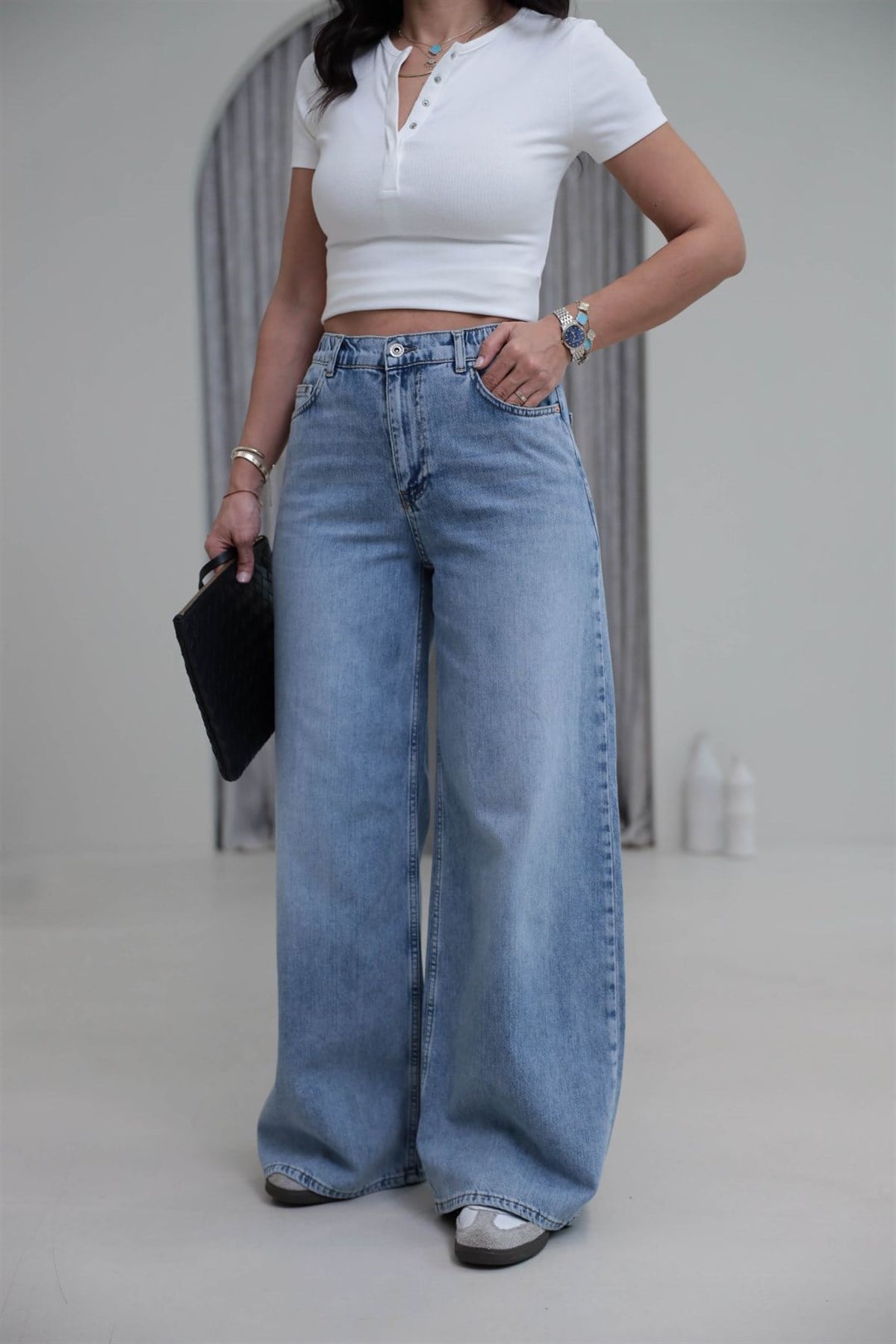 6716 Wide Loose Bel Lastikli Tencel Kumaş Jean AÇIK MAVİ