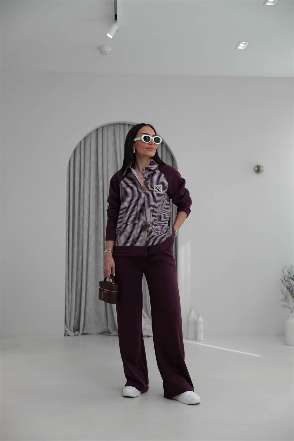 7145 Broşlu Gömlek Mixli Modal Takım BORDO