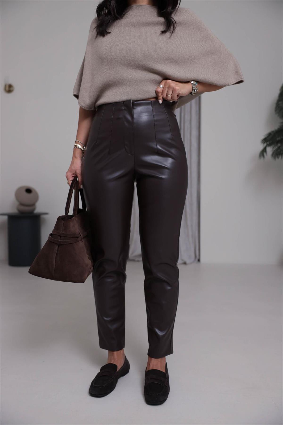 3947K Önü Flotalı Şardonlu Deri Pantolon KOYU KAHVE