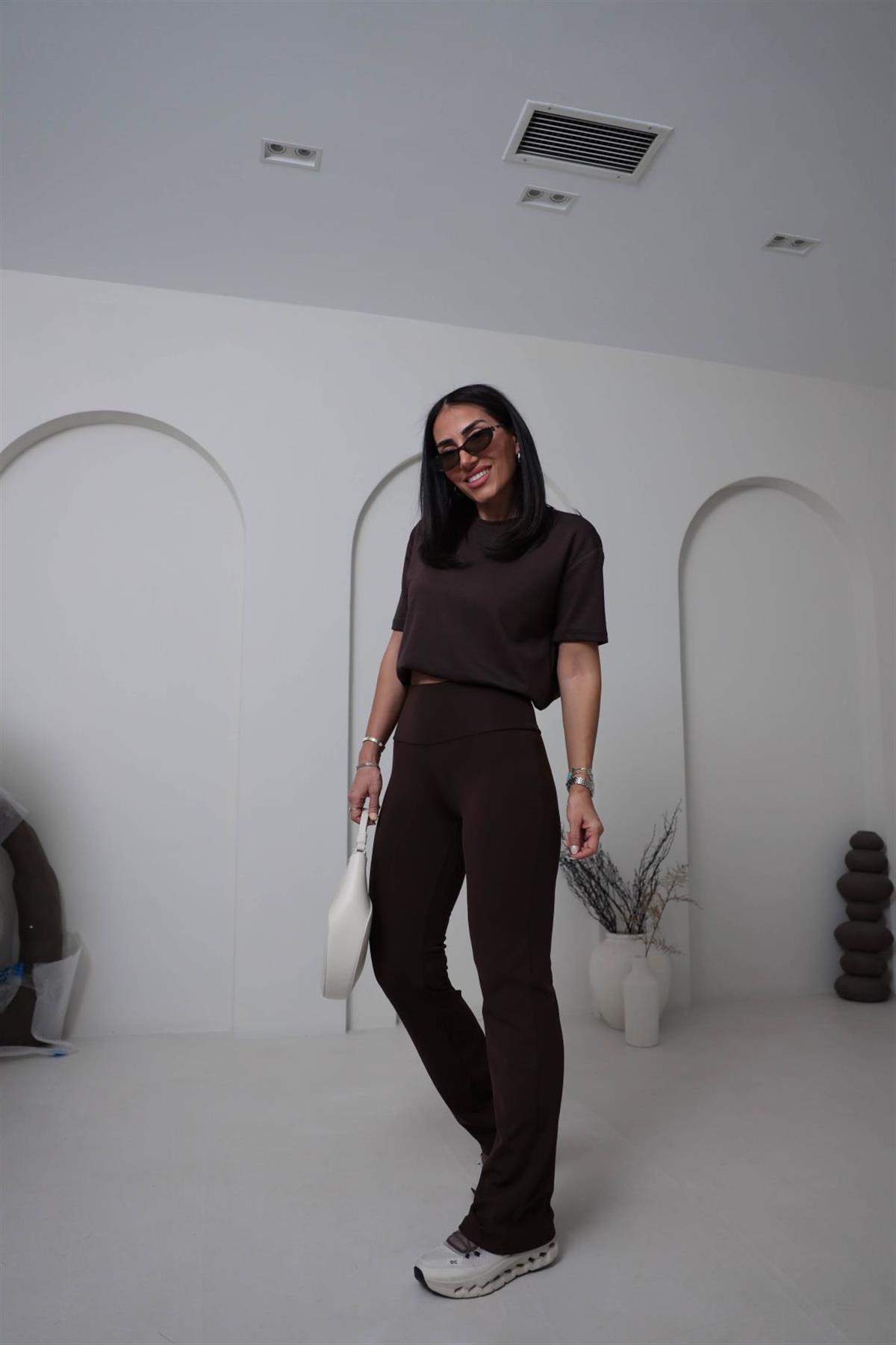 T906 Bisiklet Yaka Oversize Modal Tshirt ACI KAHVE