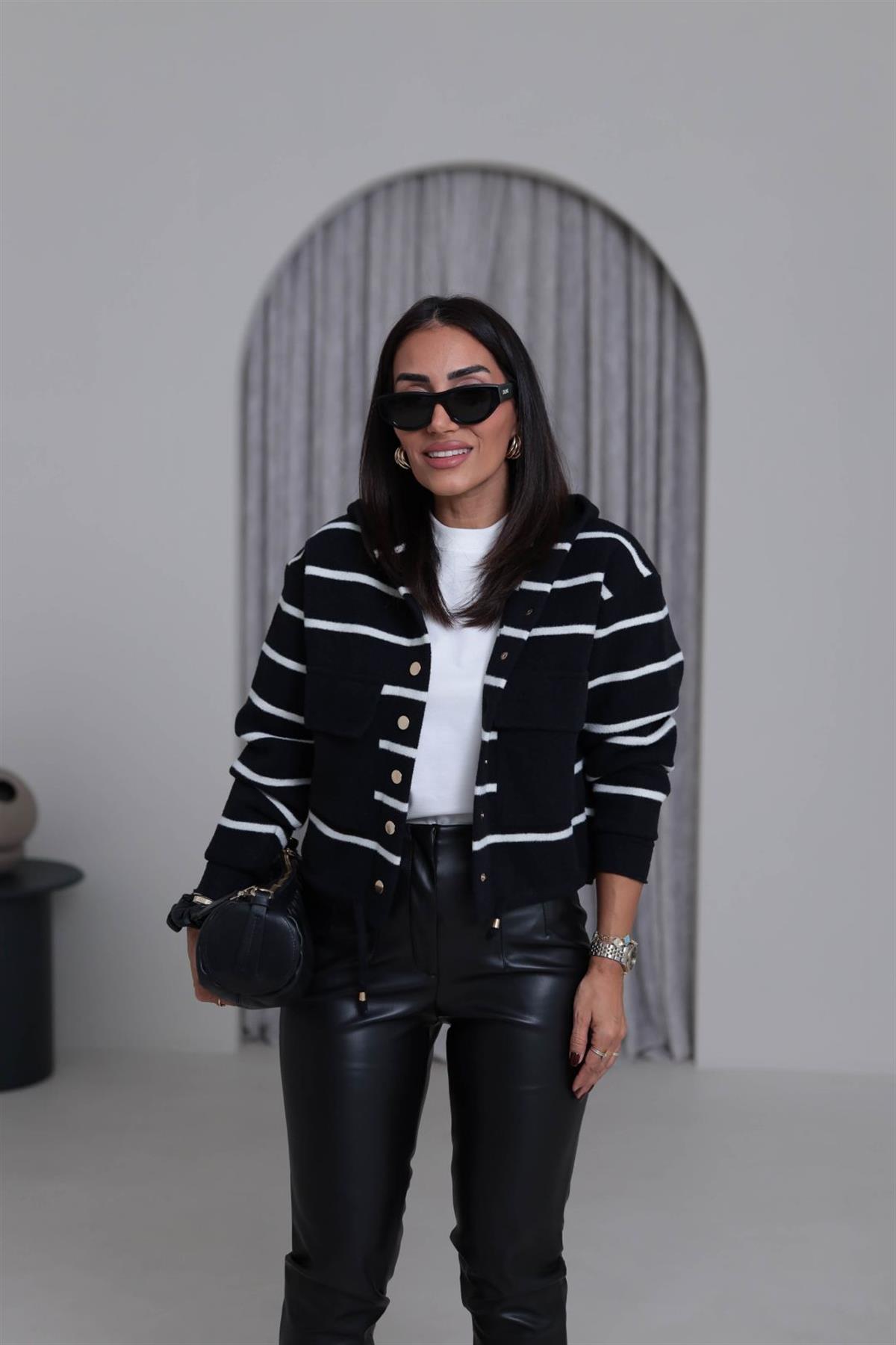 4600 Gold Düğme Detaylı Çizgili Angora Ceket SİYAH