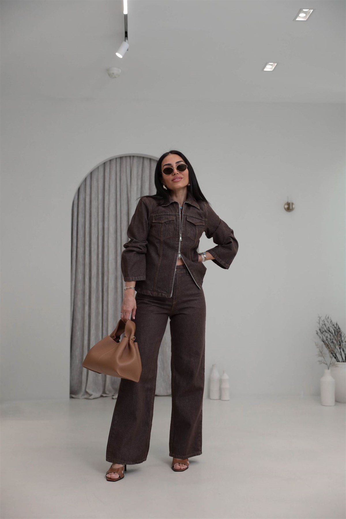 0966 Çift Yön Fermuarlı Denim Ceket Pantolon Takım KAHVE