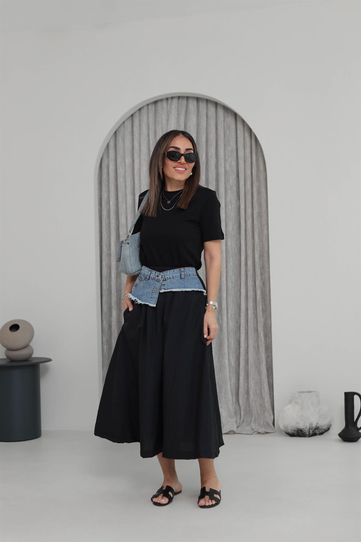 4620 Kot Detaylı Tasarım Etek SİYAH