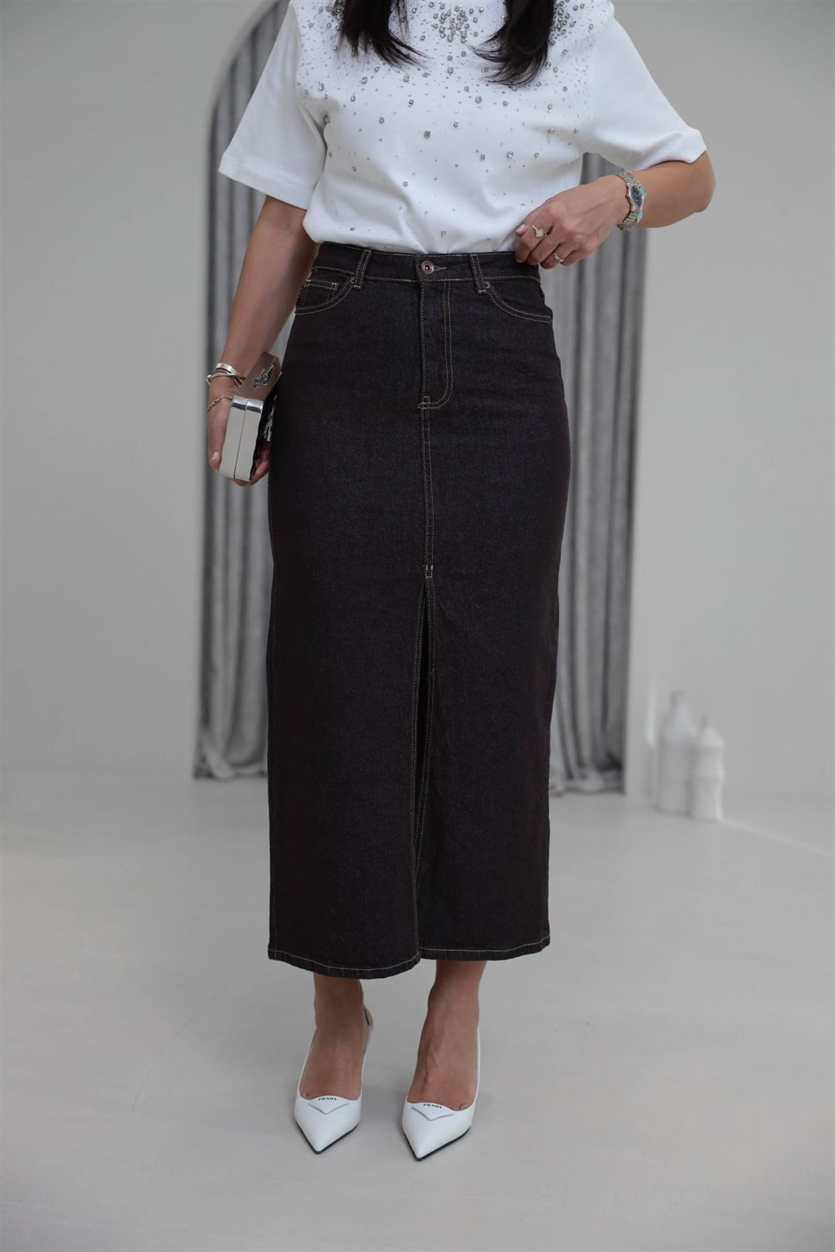 1020 Uzun Yırtmaçlı Kot Kalem Etek KAHVE