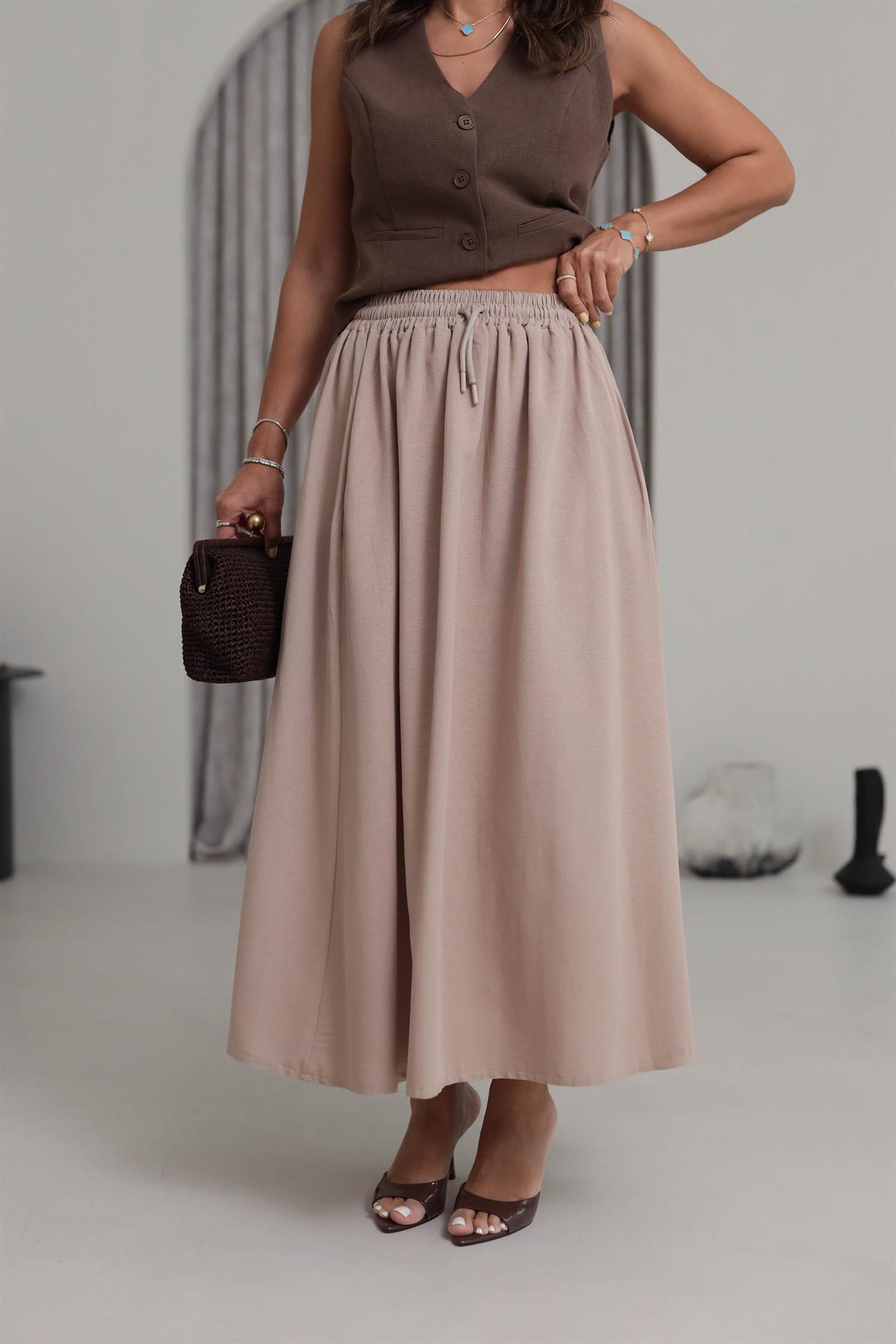 7730 Cepli Beli Lastikli Midi Etek CAMEL