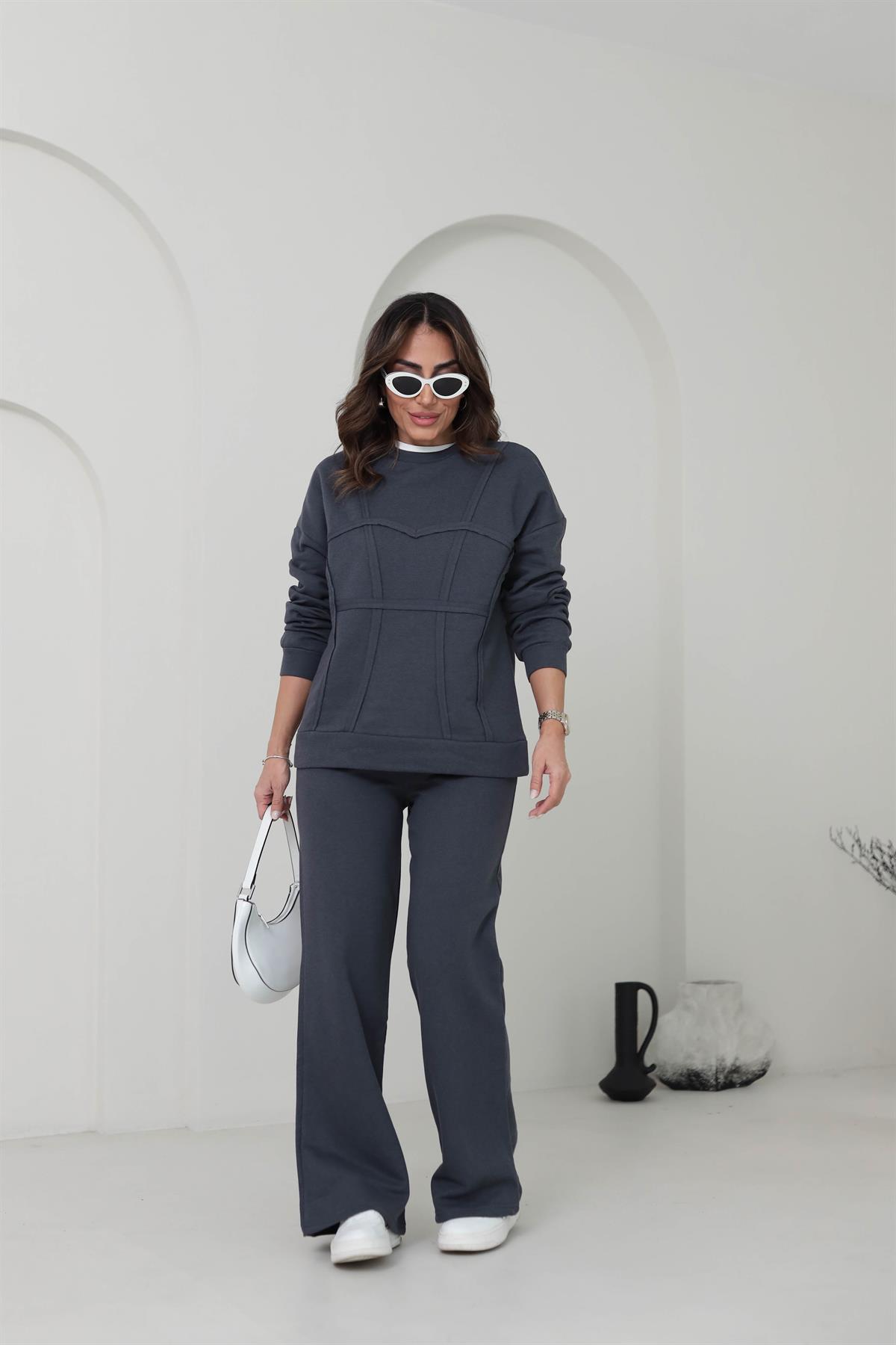 Bisiklet Yaka Dikiş Detaylı Eşofman Takımı ANTRASİT