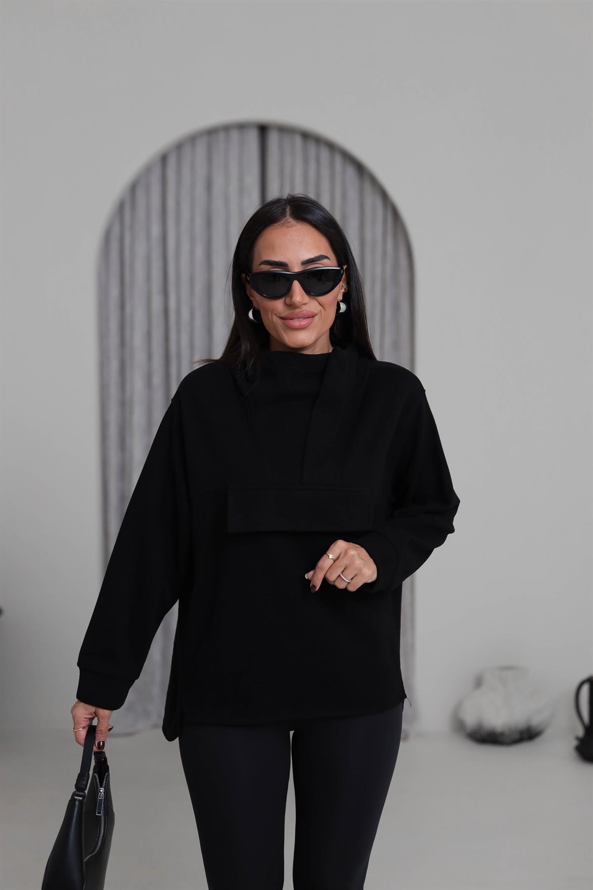 1750 Yaka Detay Selanik Kapşonlu Sweatshirt SİYAH