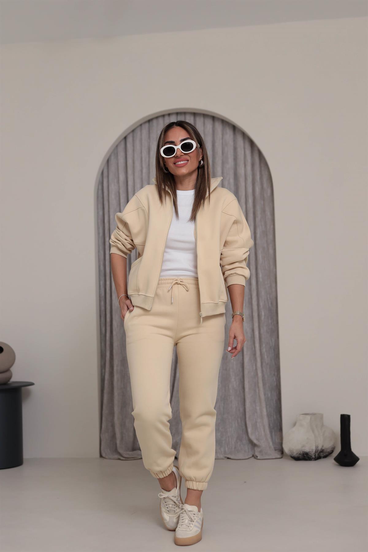 Fermuarlı 3iplik Şardonlu Takım BEJ