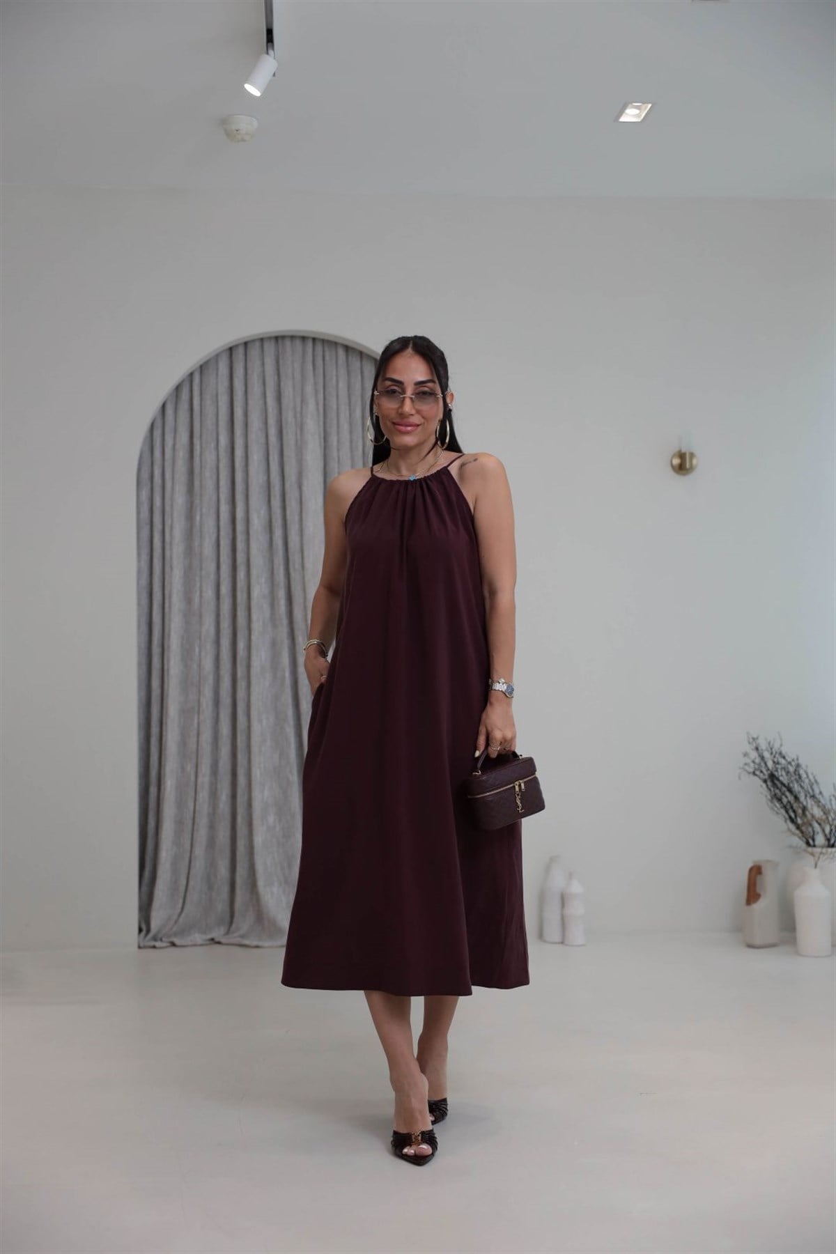 1106C İpli Halter Yaka Cepli Tencel Elbise BORDO