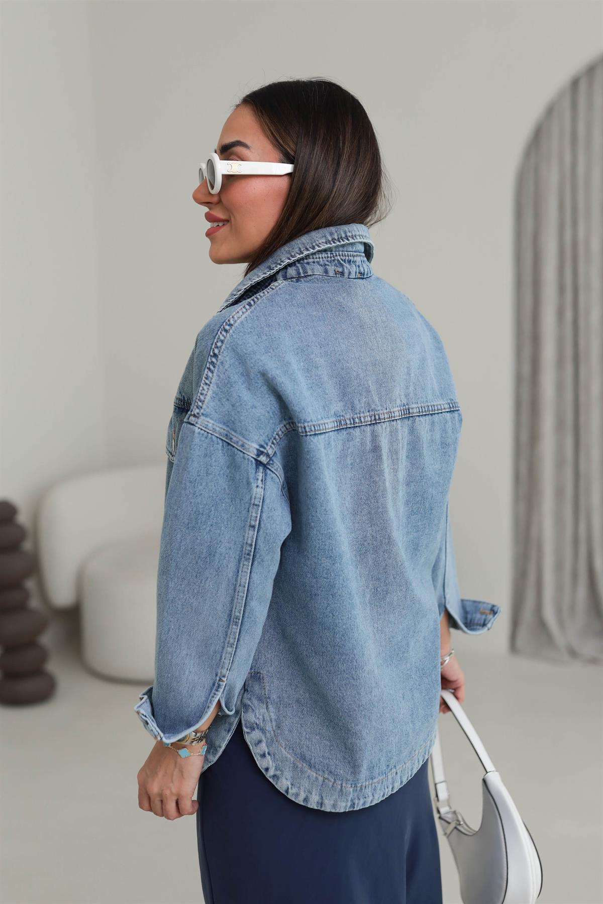4745 Oval Etek Detaylı Denim Ceket AÇIK MAVİ
