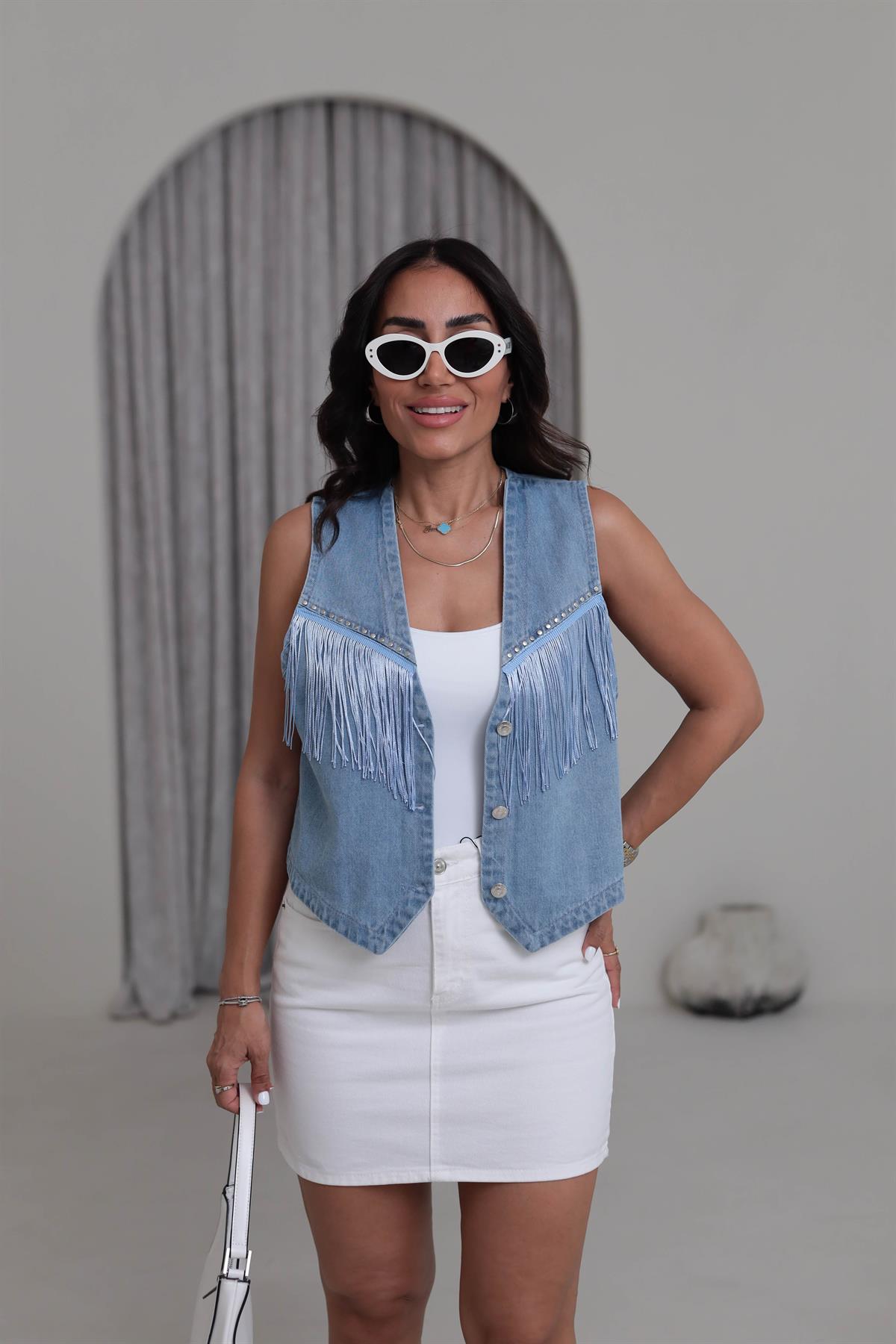 9085 Püskül ve Zımba Detaylı Jean Yelek BUZ MAVİ