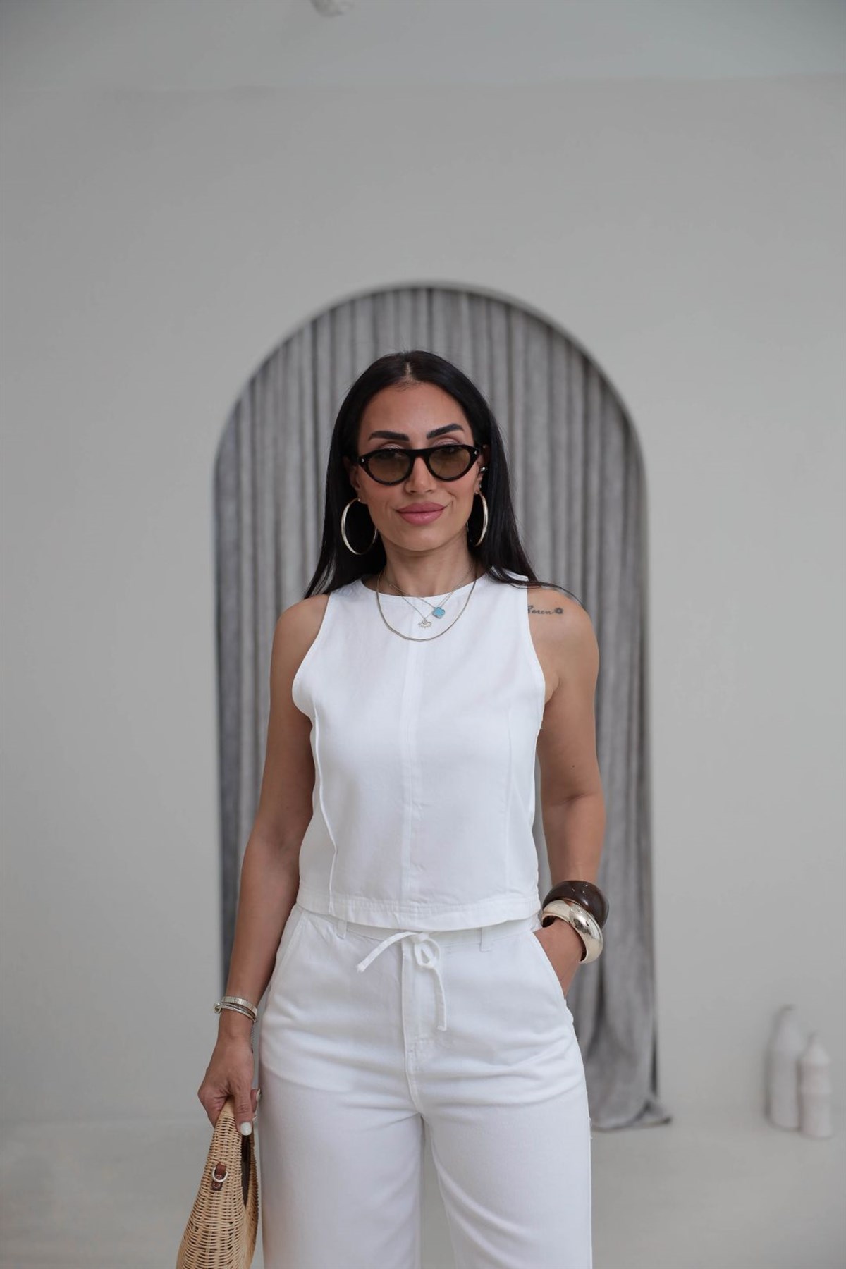 8289 Sıfır Kol Arkası Fermuarlı Tencel Kot Pantolon Bluz Takım BEYAZ