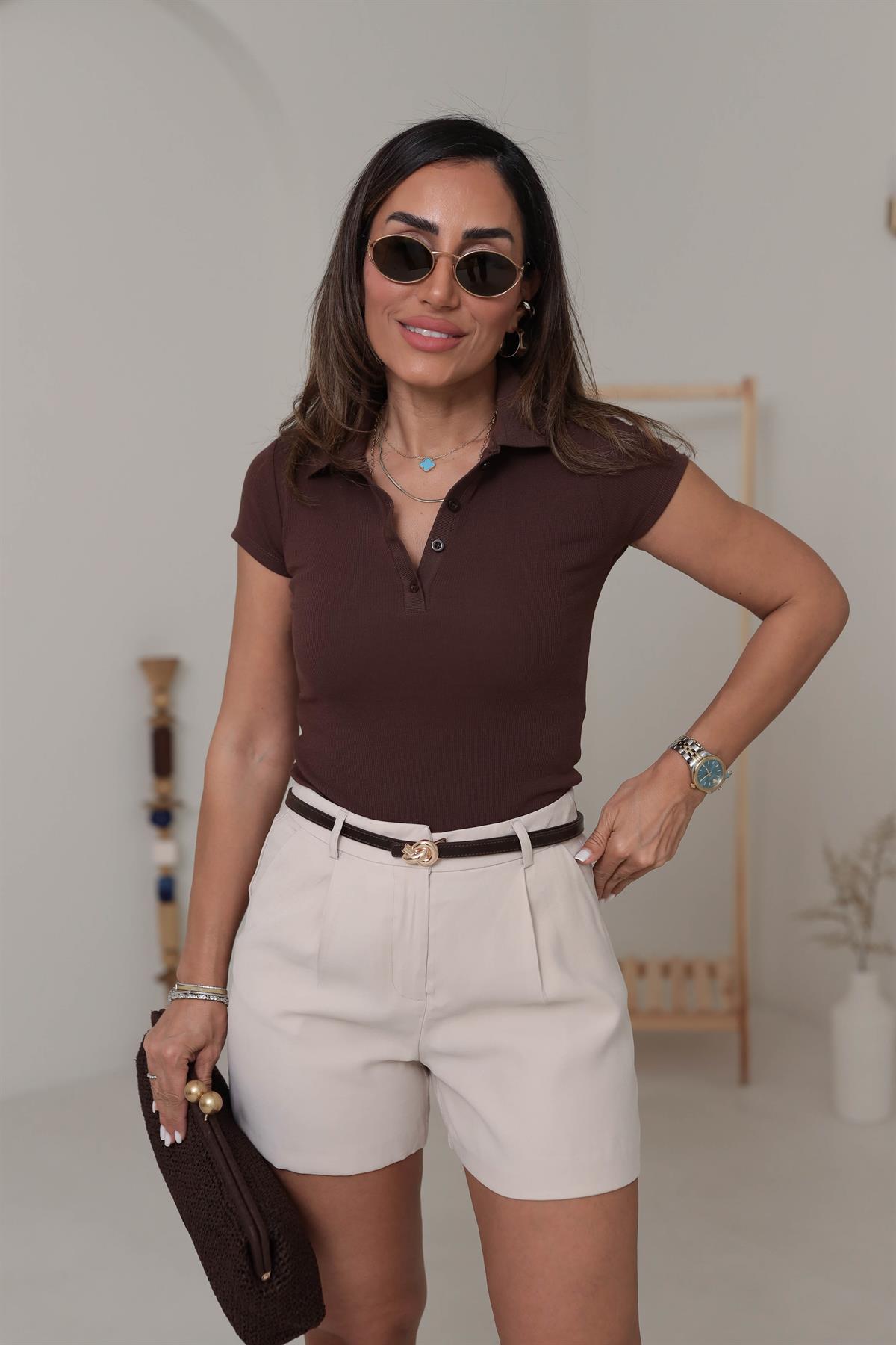 6706 Polo Yaka Önü Düğmeli Tshirt KAHVE