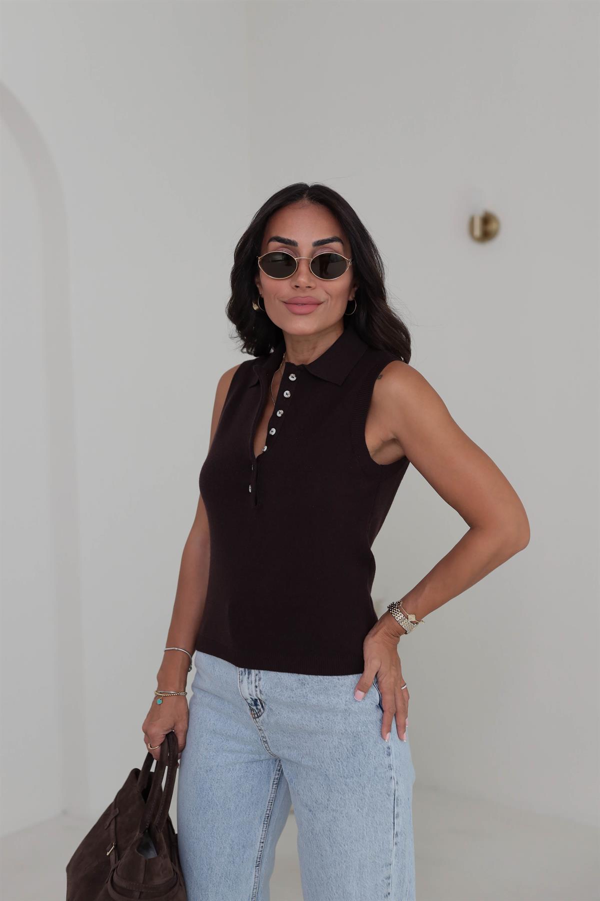 Polo Yaka Yarım Düğmeli Süveter KAHVE