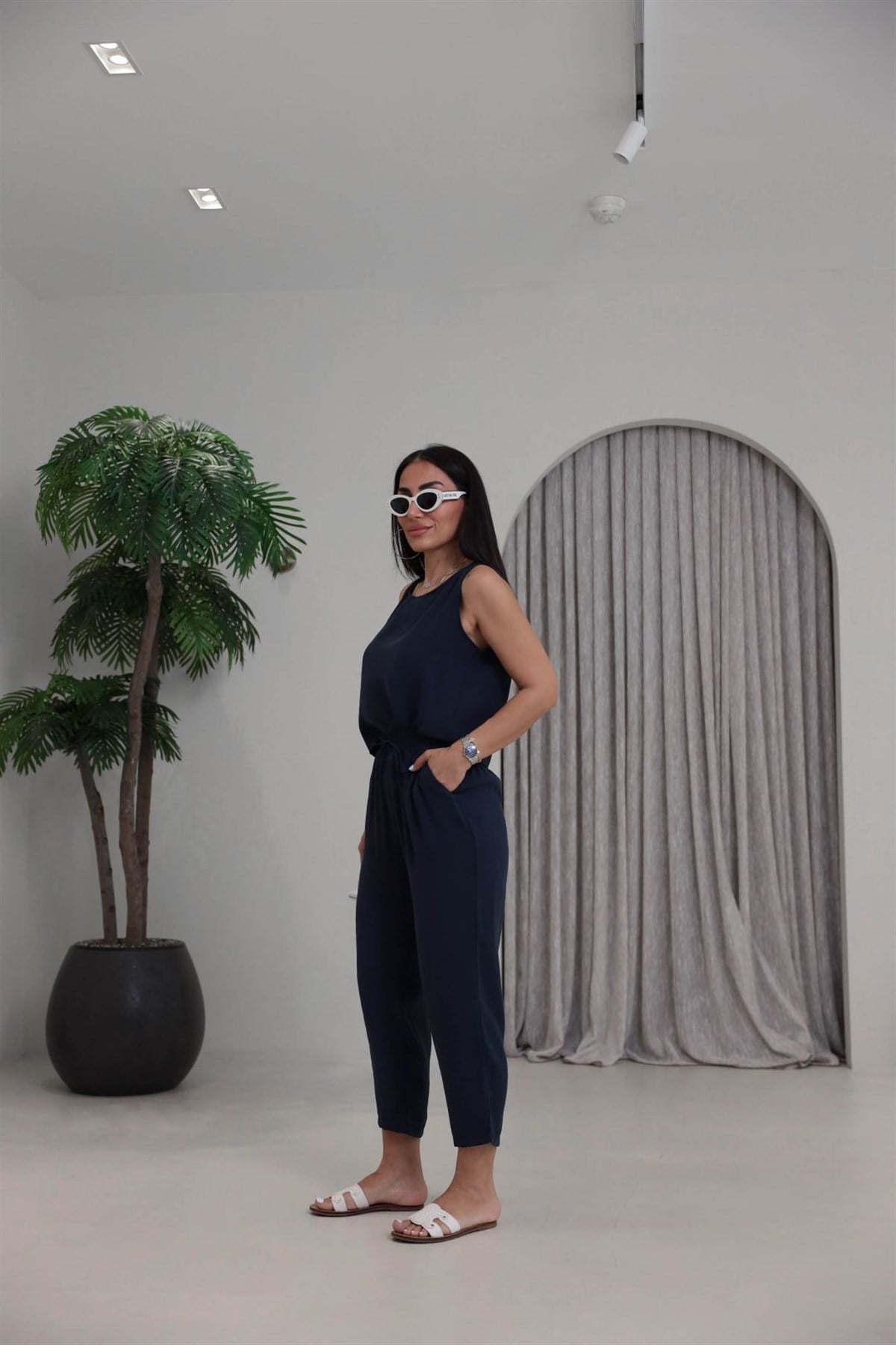 3089 Tencel Kumaş Kolsuz Takım LACİVERT