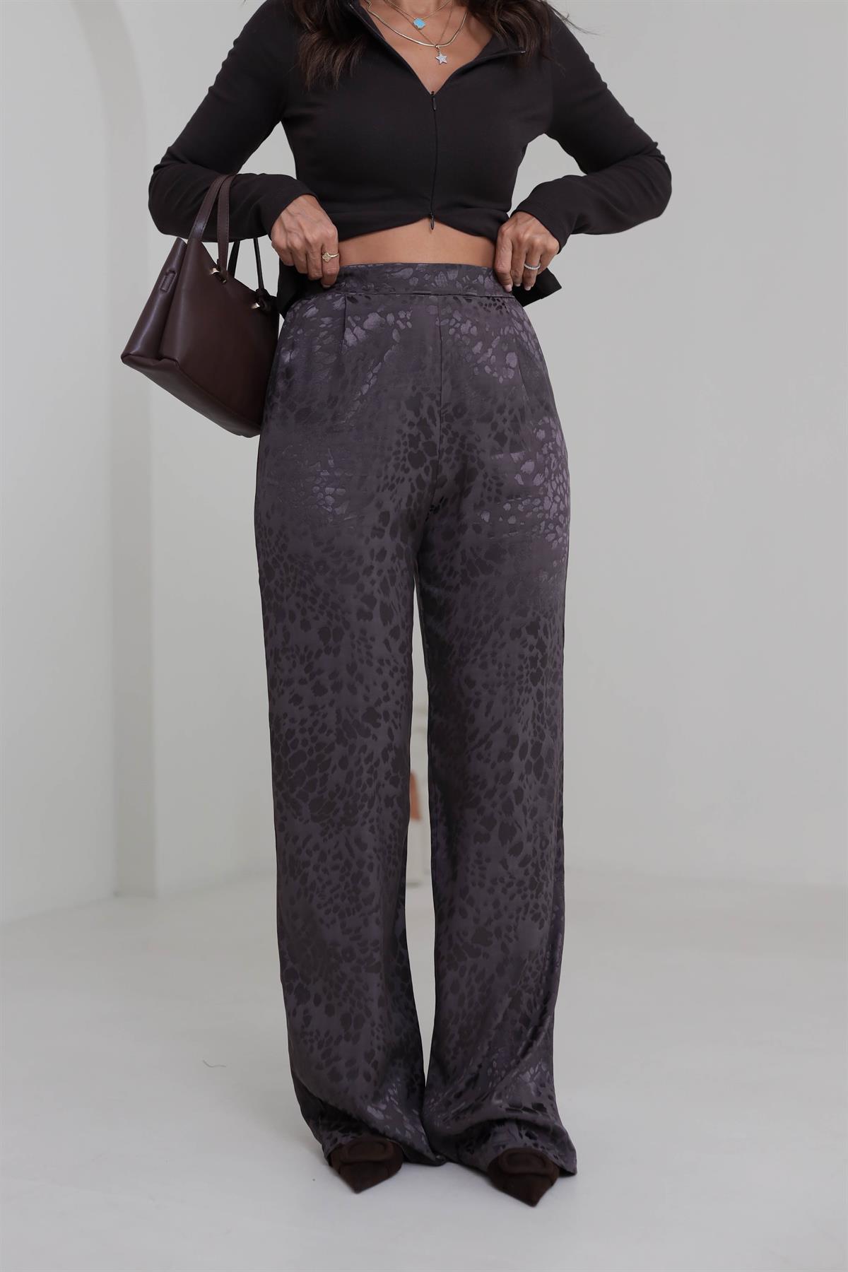 0338 Leopar Desen Saten Pantolon ACI KAHVE