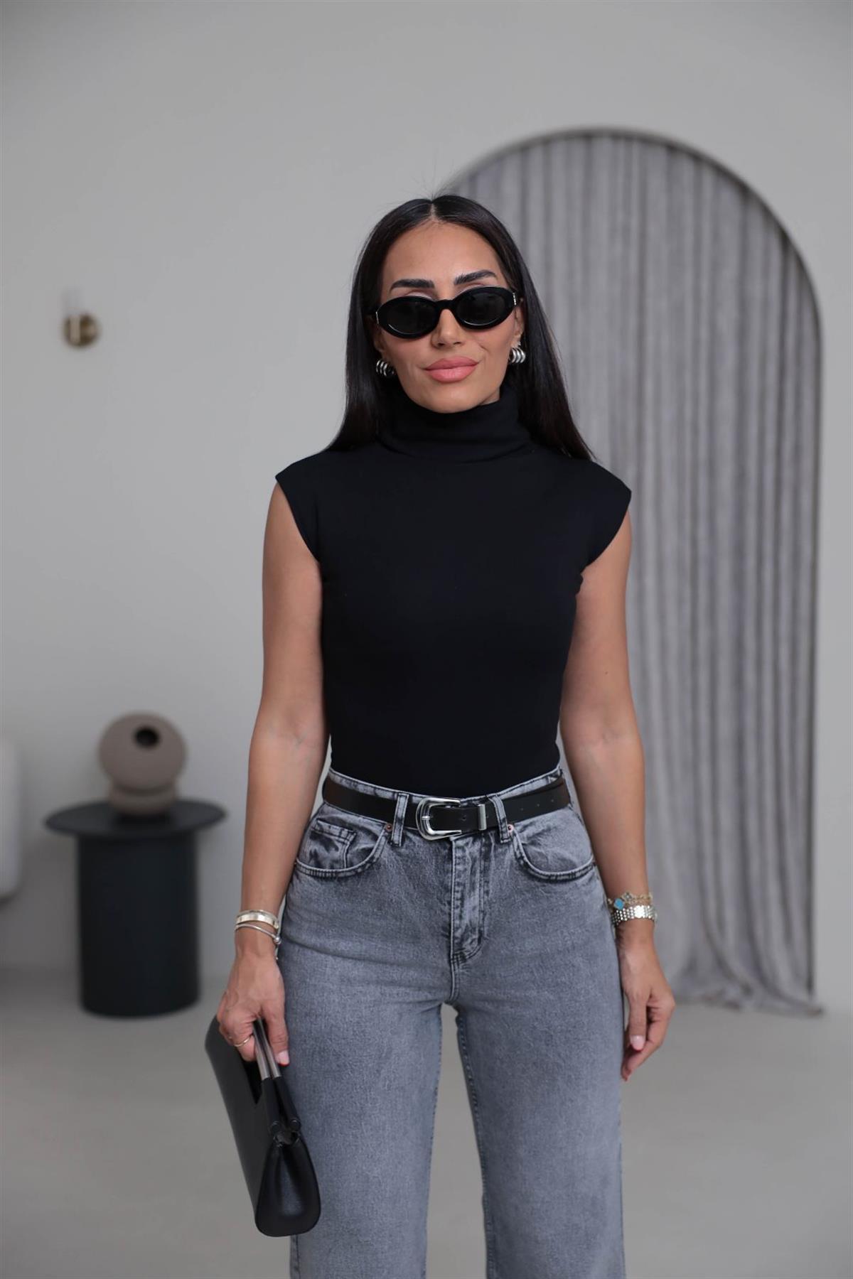 1020 Balıkçı Yaka Sıfır Kol Çıtçıtlı Bodysuit SİYAH