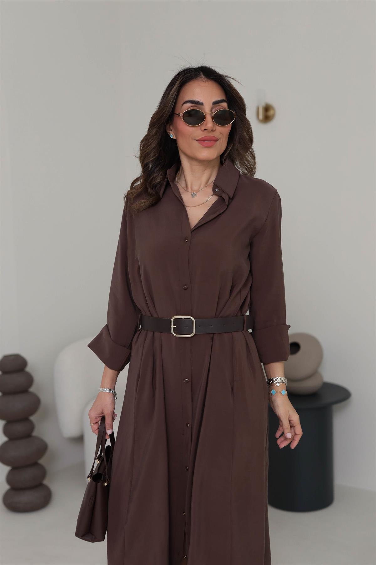 0286 Gold Düğmeli Tencel Gömlek Elbise KAHVE