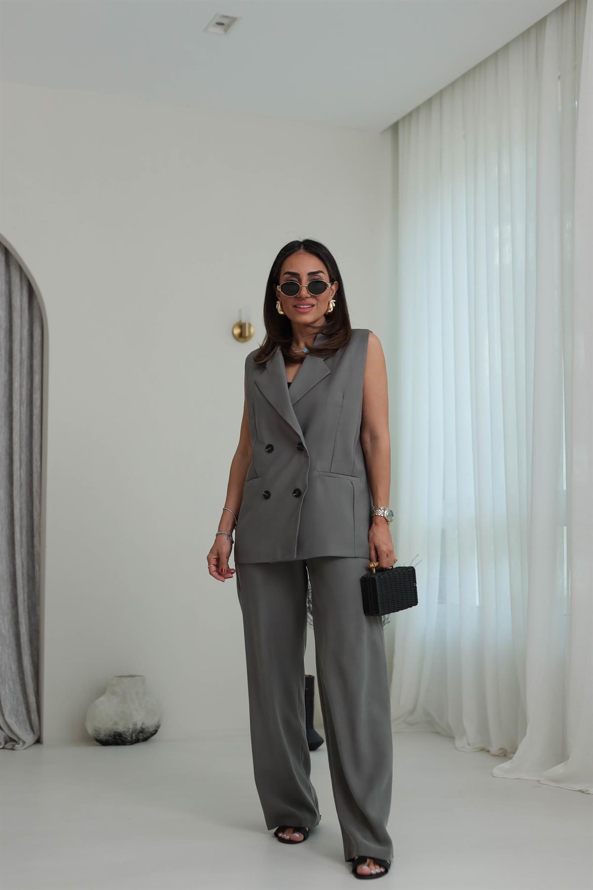 0382 Kruvaze Yaka Yelek Pantolon Tencel Takım HAKİ YEŞİL