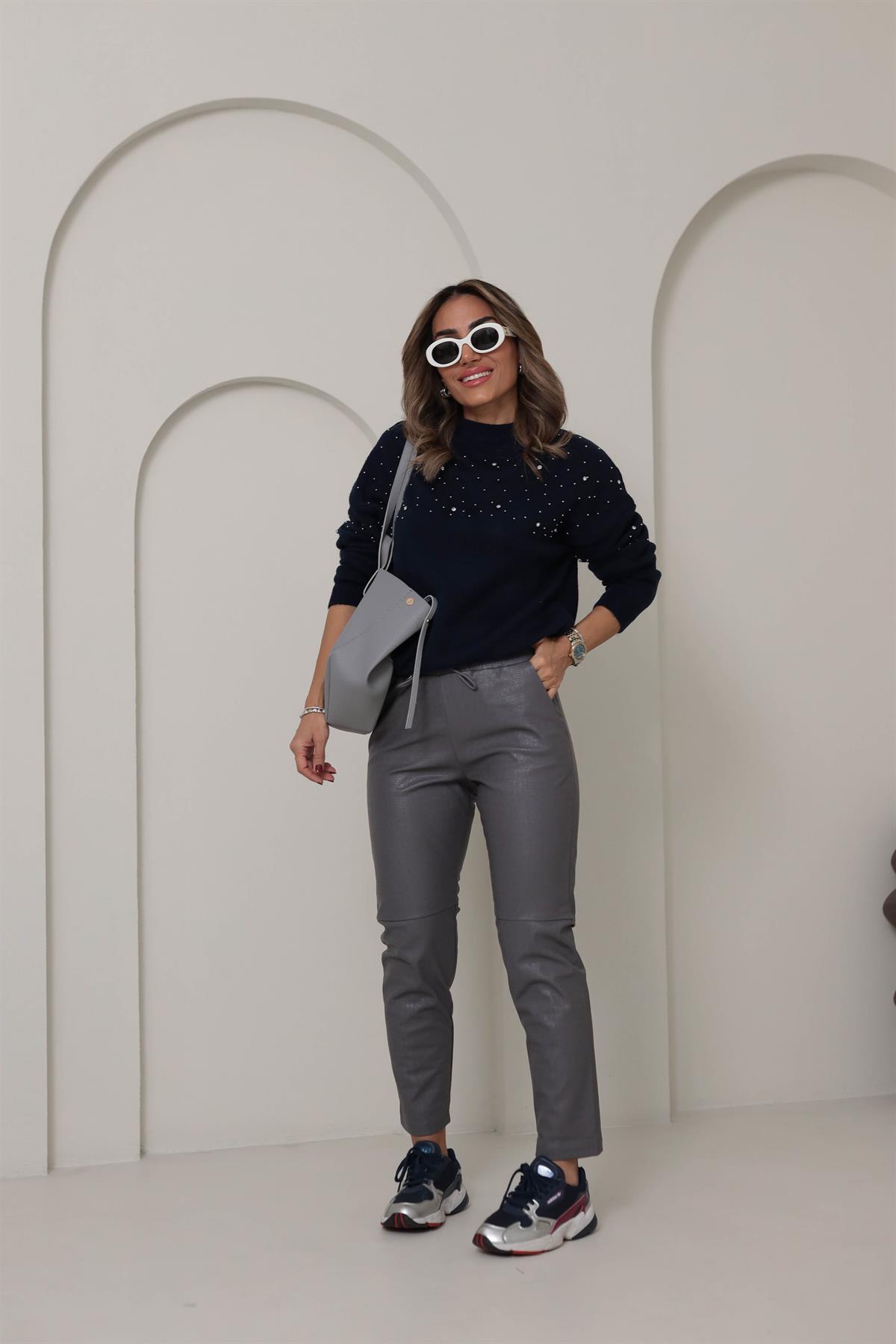 3410 Krokodil Parçalı Deri Pantolon