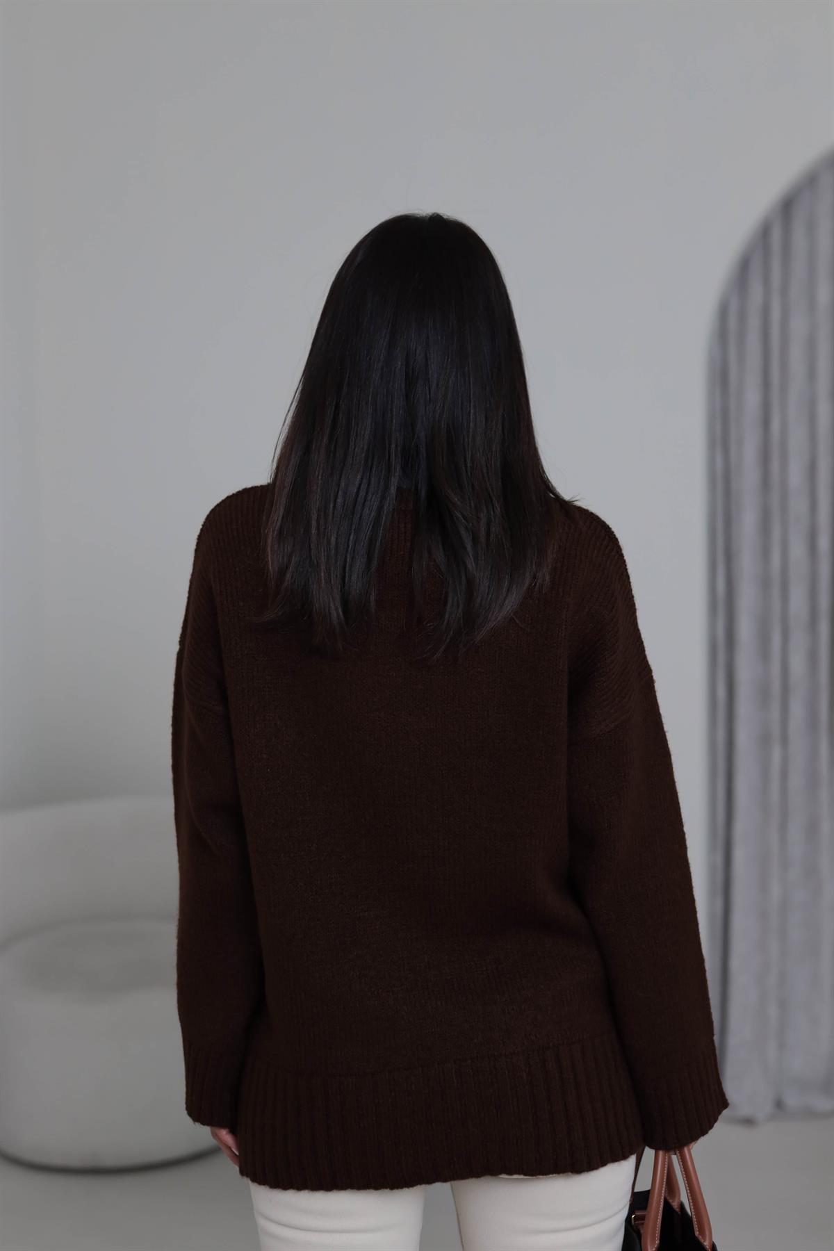 0100 Bisiklet Yaka Oversize Düz Kazak KAHVE