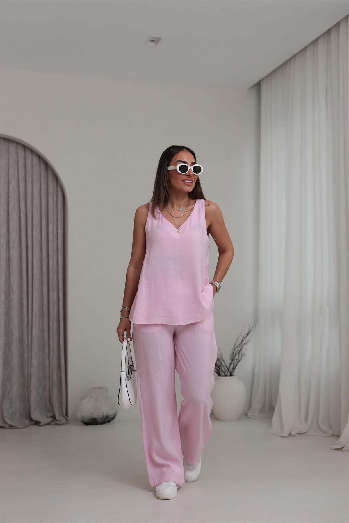 3142 V Yaka Sıfır Kol Tencel Takım PEMBE