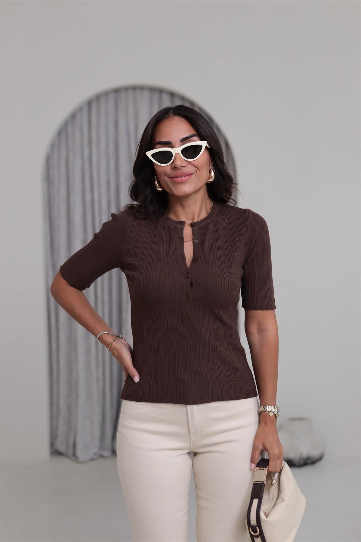 0731 Bisiklet Yaka Fitilli İnce Triko Bluz KAHVE