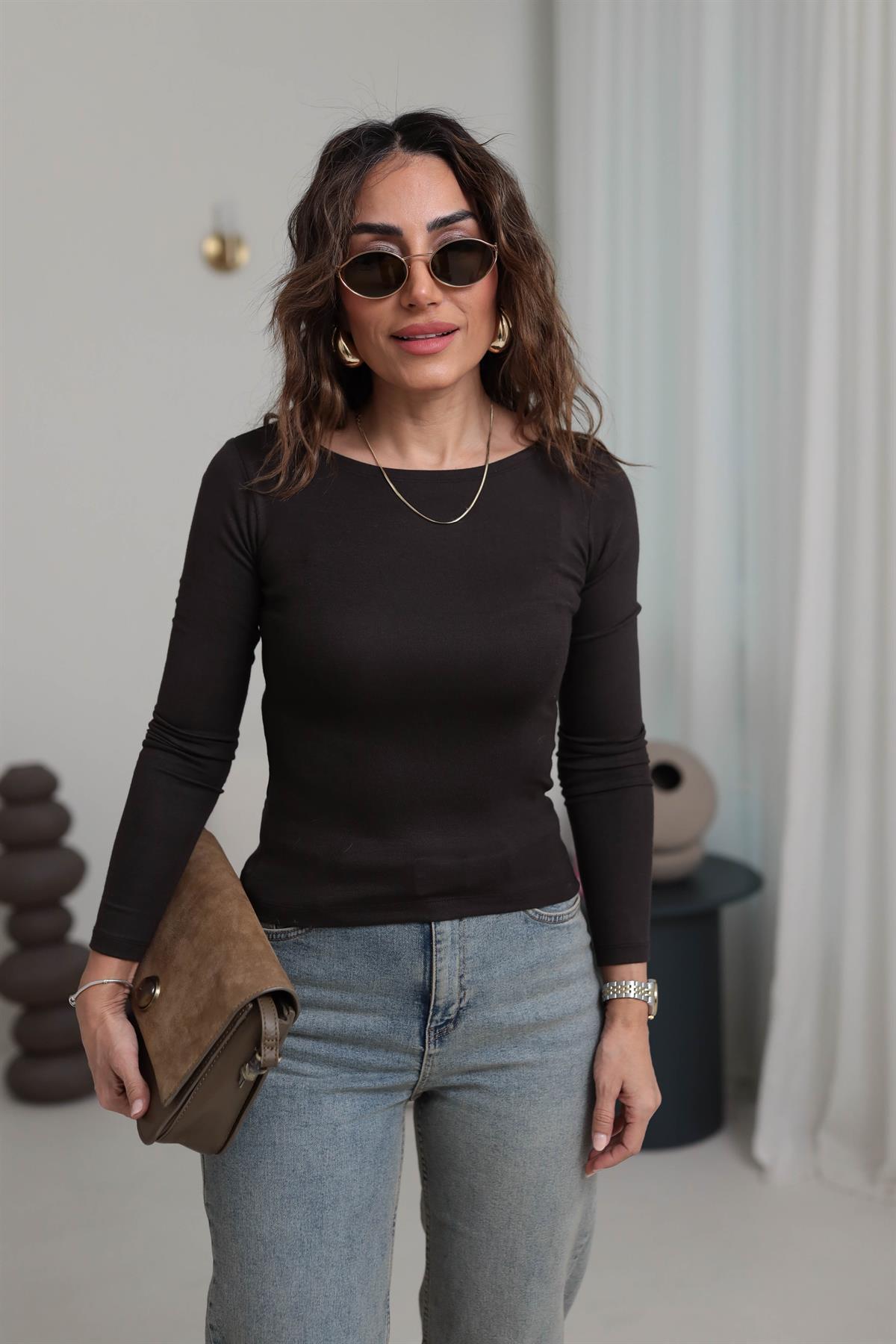 1025 Geniş Yaka Modal Bluz ACI KAHVE