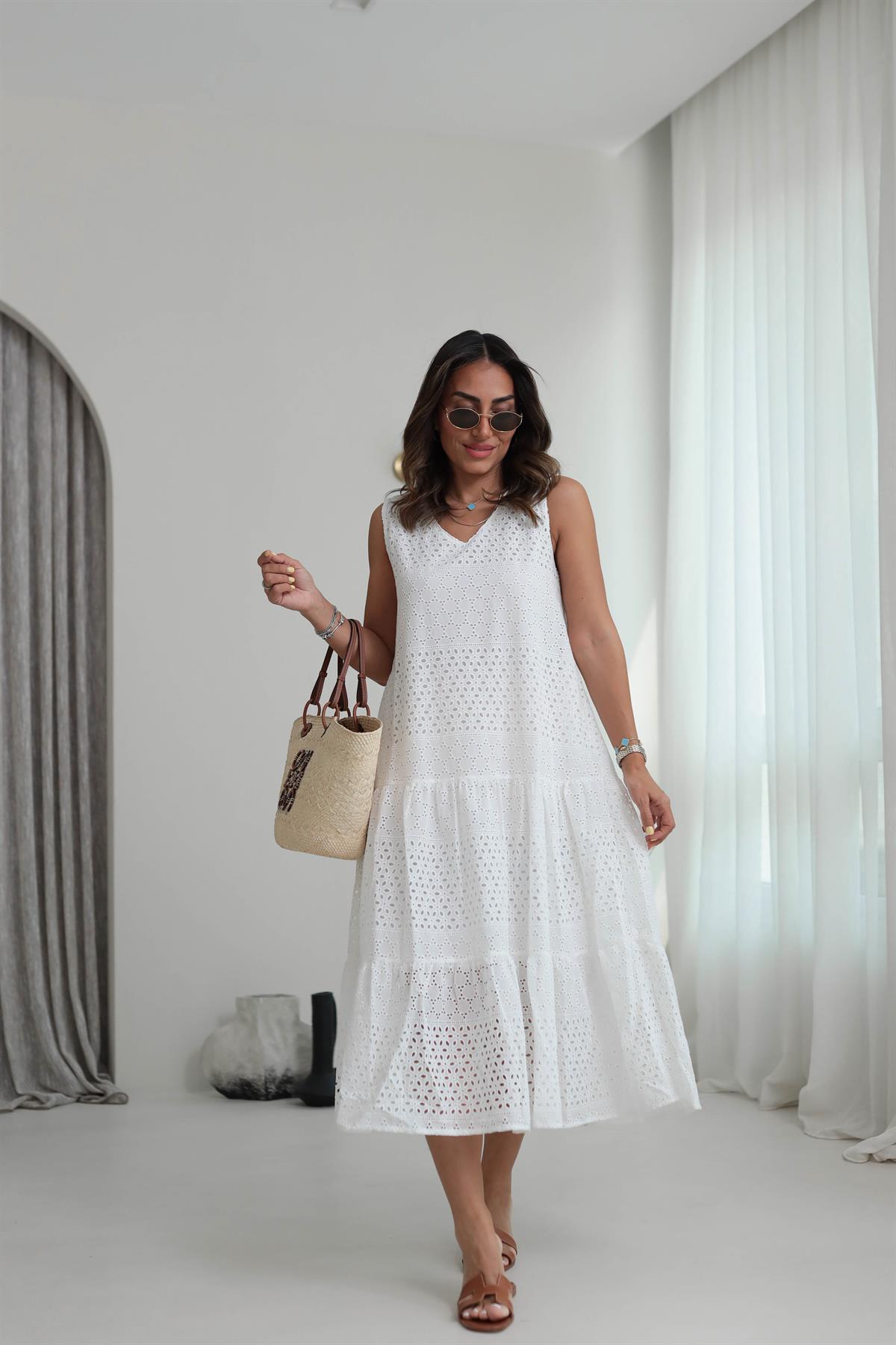 6096 V Yaka Sıfır Kol Fisto Elbise BEYAZ