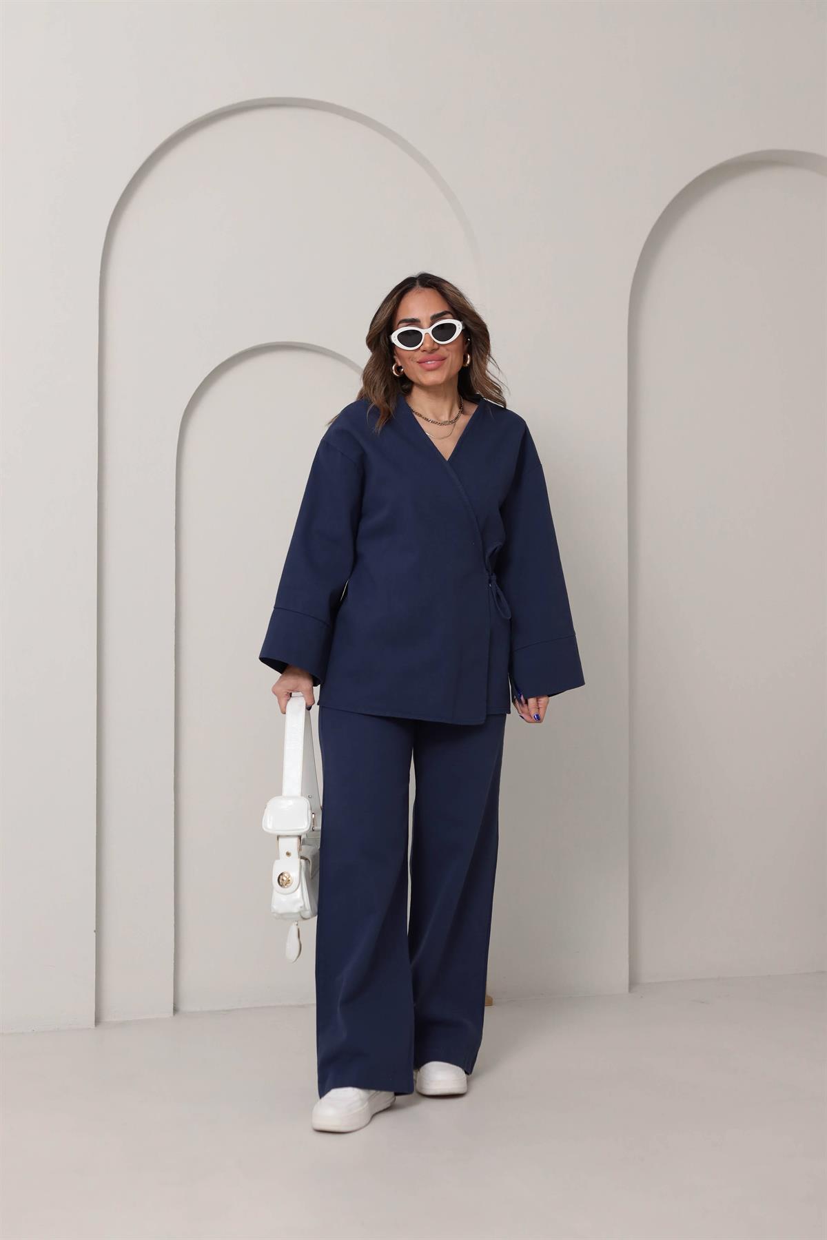 8629 Duble Kol Önden Bağlamalı Ceket & Pantolon Takım LACİVERT