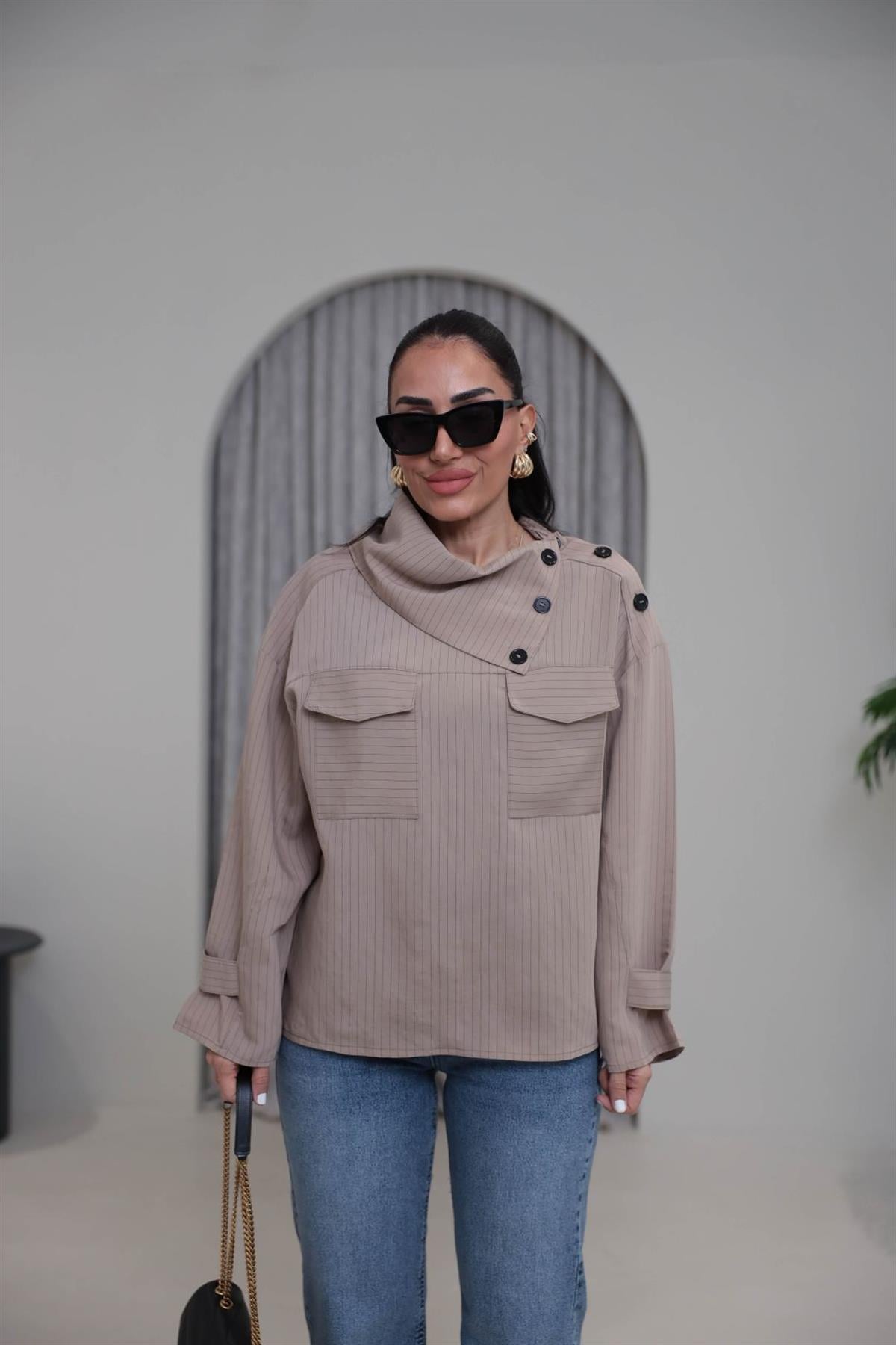 4067 Düğmeli Yaka Detay Çizgili Modal Gömlek AÇIK VİZON