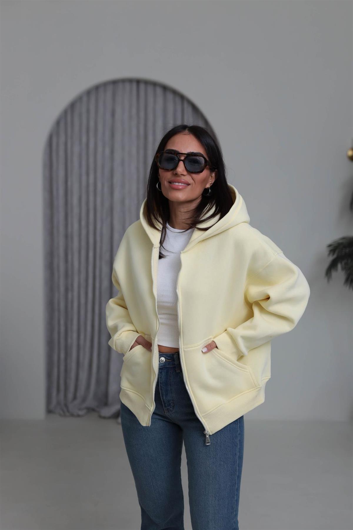 0822 Kapüşonlu Fermuarlı Şardonlu Sweatshirt SARI
