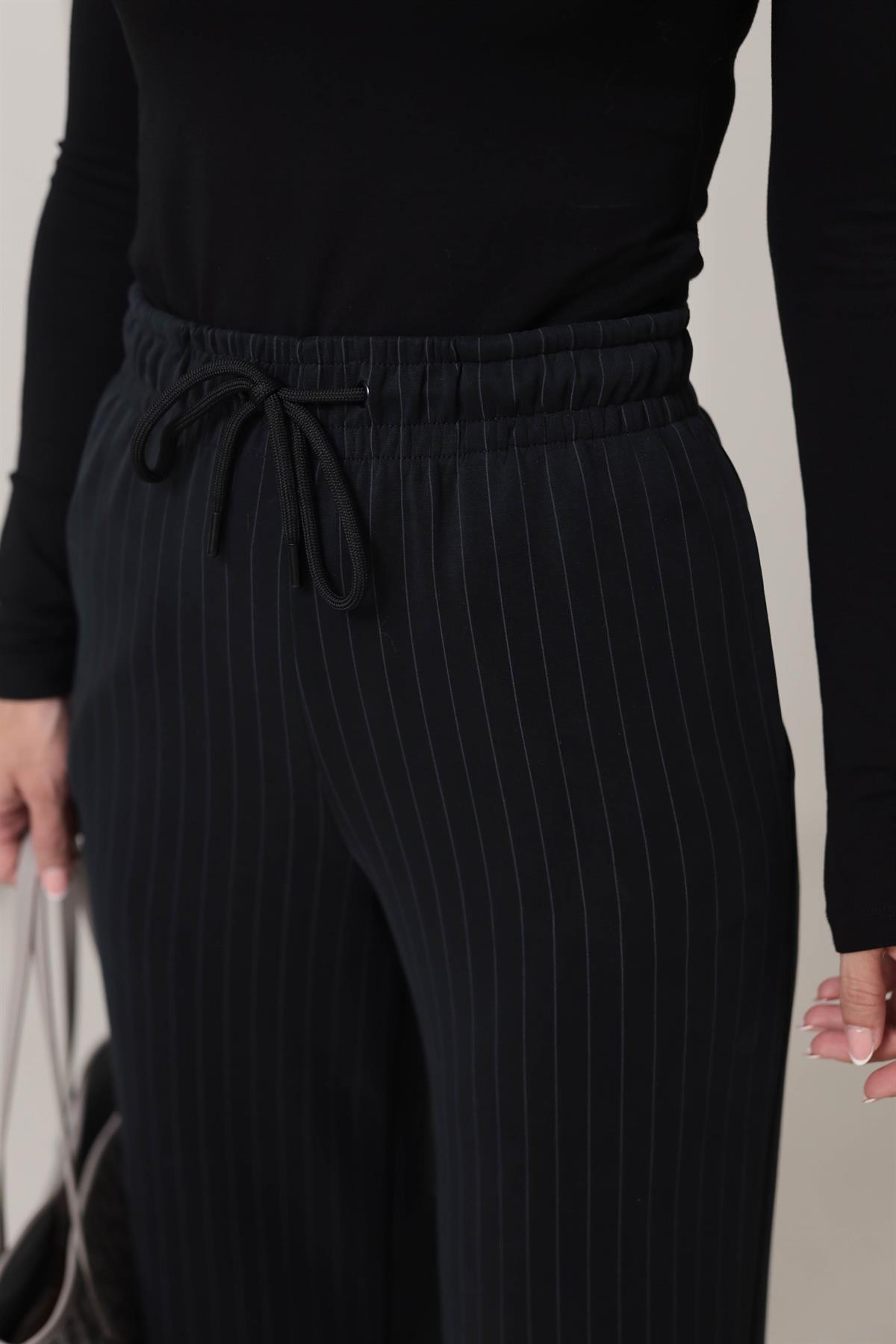 1146 Çizgili Modal Palazzo Pantolon SİYAH