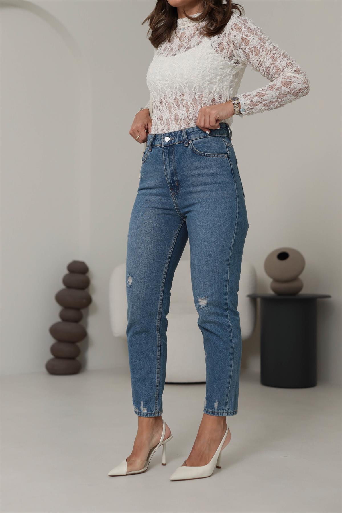 4670 Mini Yırtık Detaylı Jean TİNTLİ MAVİ