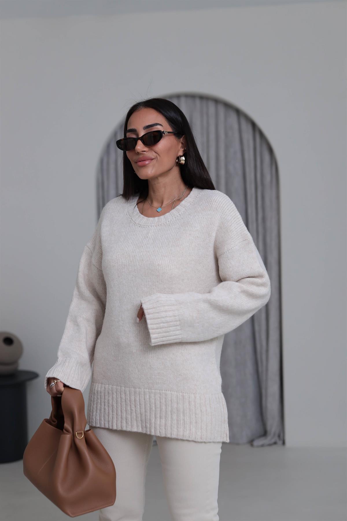 0100 Bisiklet Yaka Oversize Düz Kazak TAŞ
