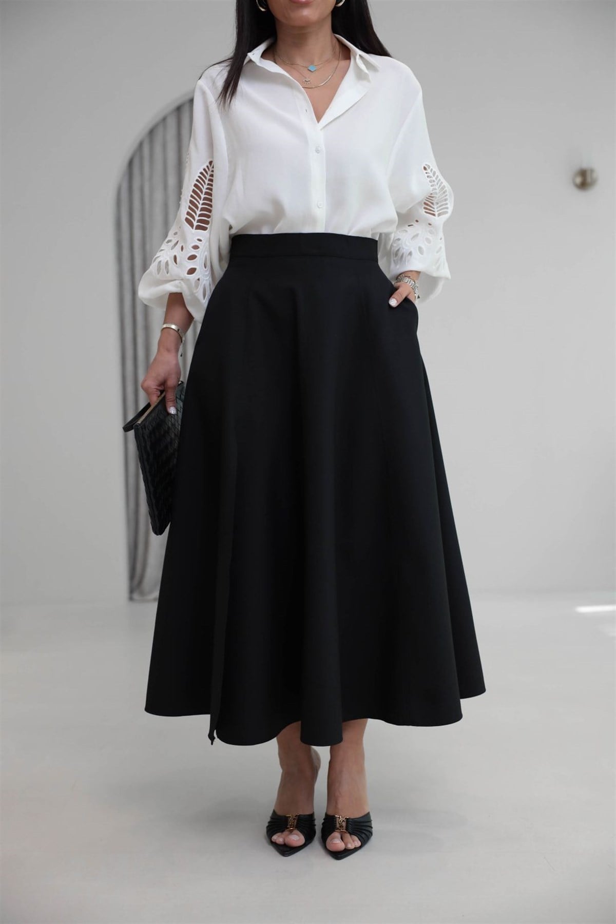 5175 Dokulu Yüksek Bel Yırtmaçlı Etek SİYAH