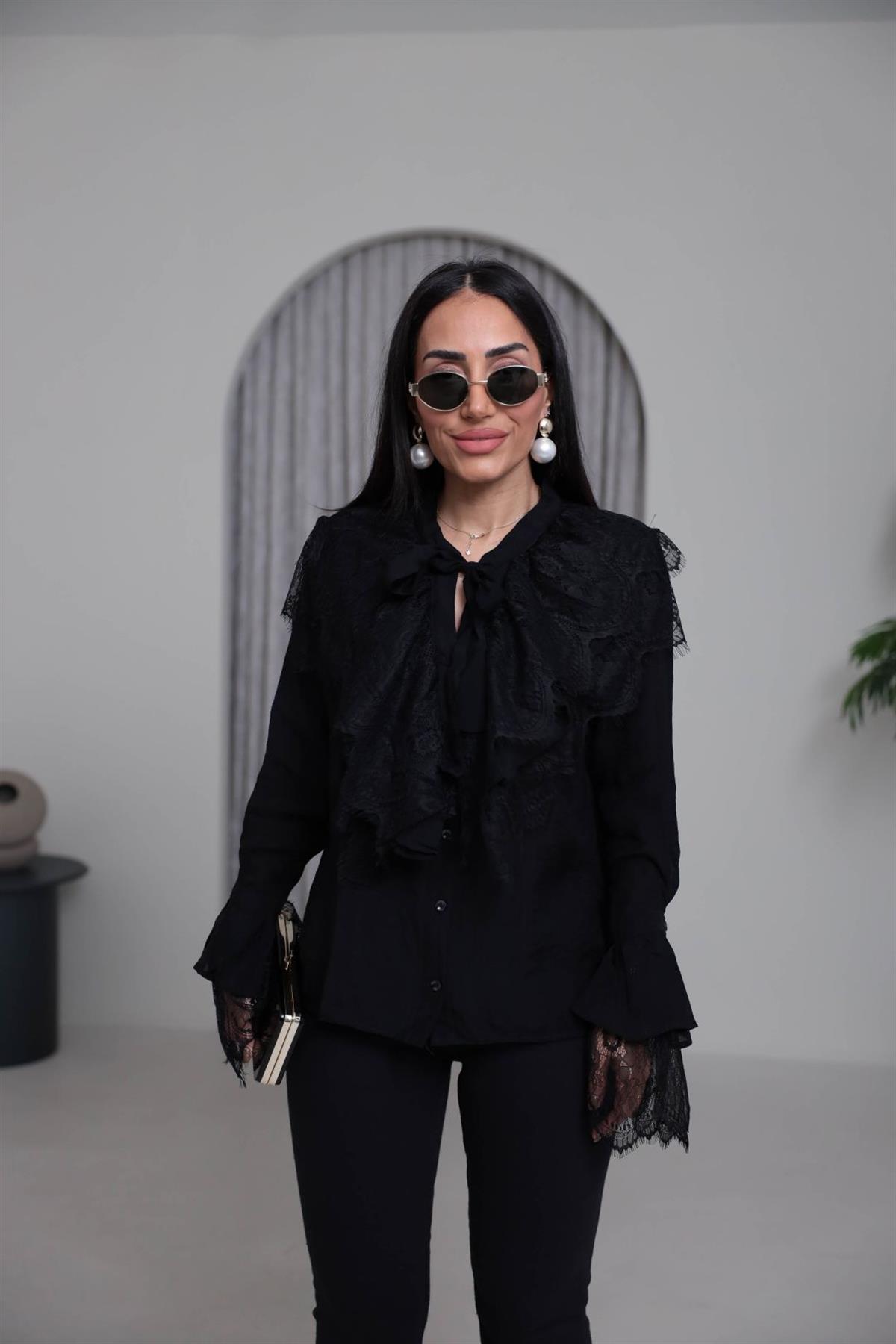 4512 Güpür Detaylı Önden Bağlamalı Gömlek SİYAH