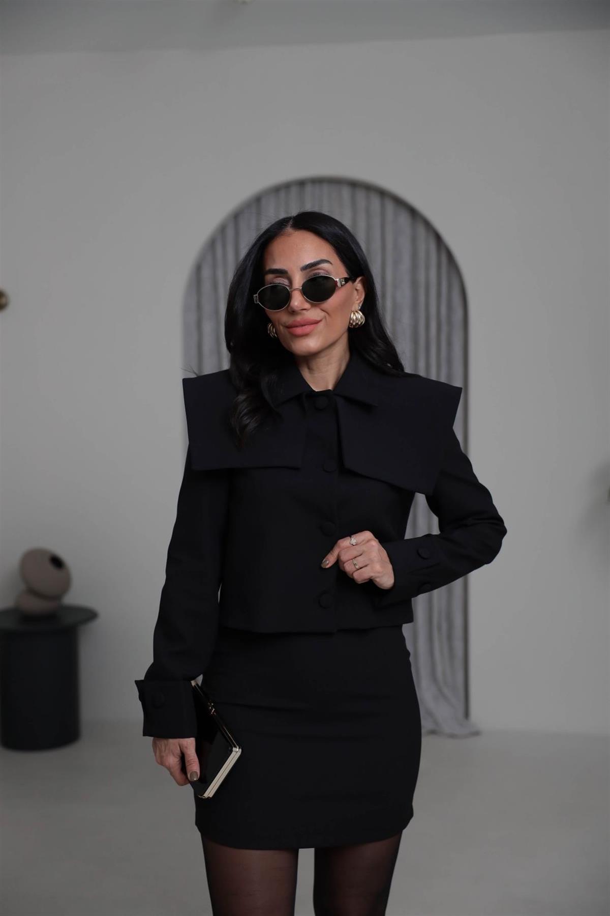 8945 Yaka Detay Ceketli Etekli Takım SİYAH