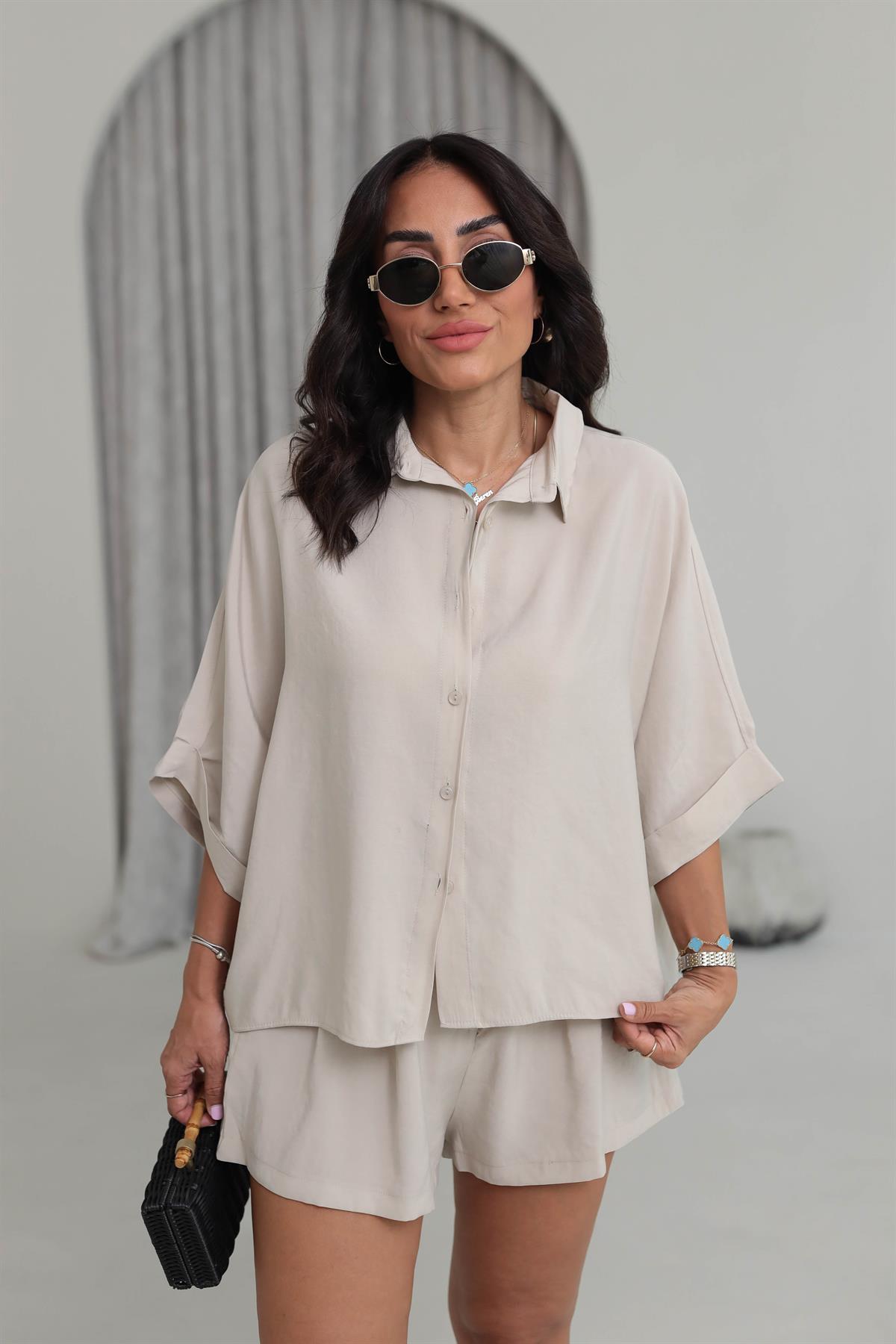 513 Tencel Düşük Omuz Gömlekli Şort Takım TAŞ
