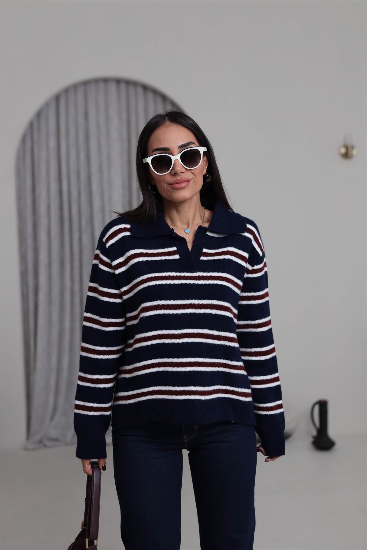 2541 Polo Yaka Çizgili Triko Kazak LACİVERT