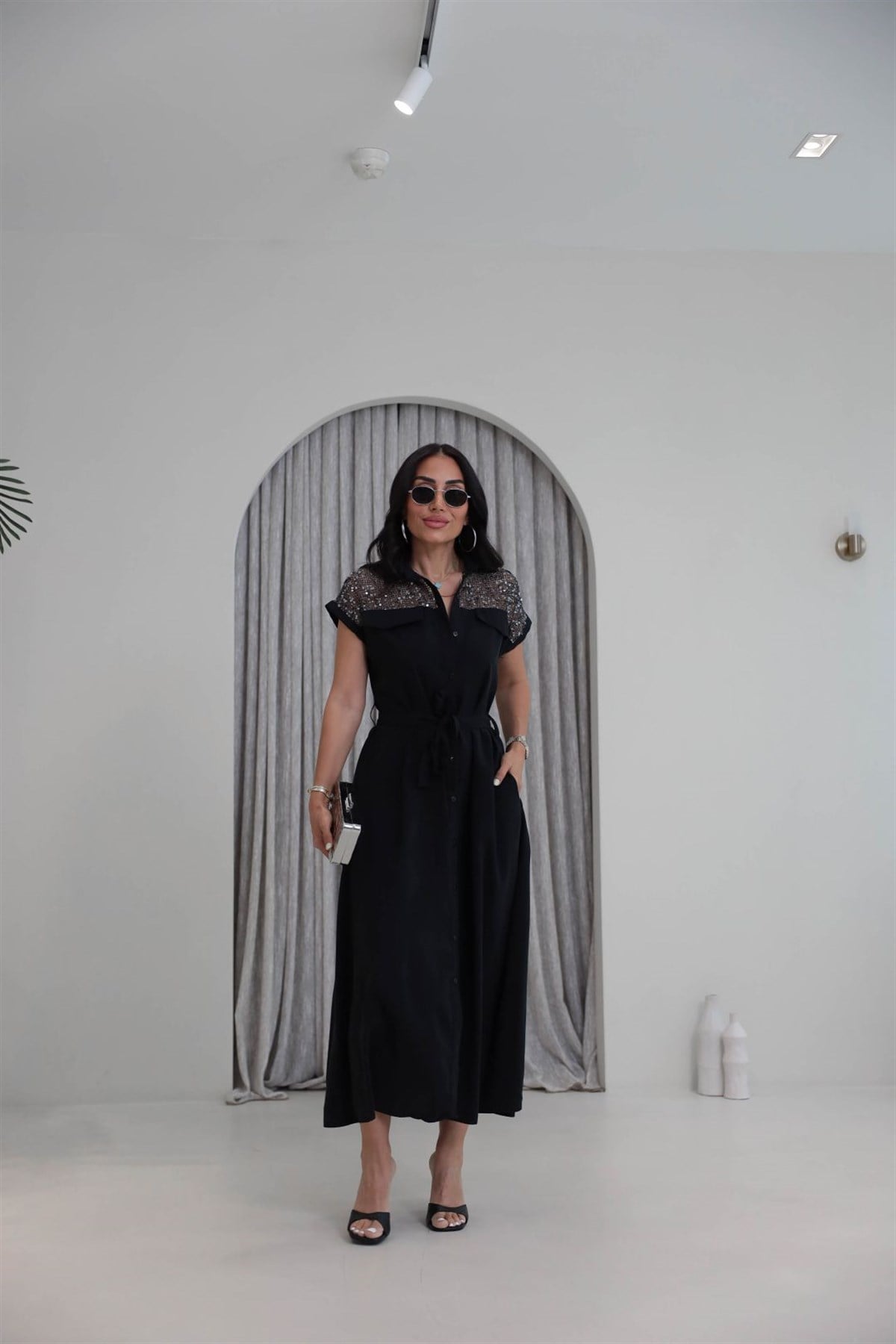 7184 Pul ve File Detaylı Tencel Kumaş Elbise SİYAH