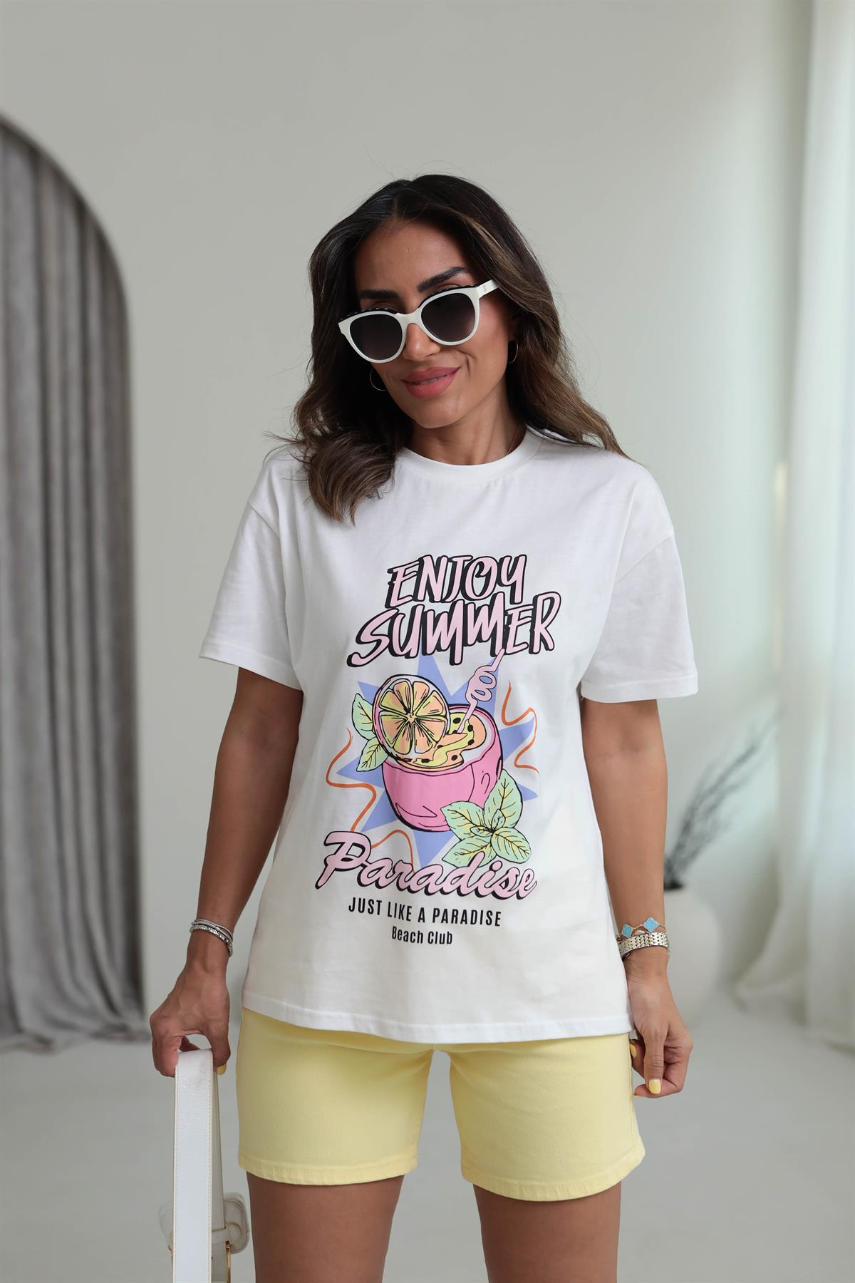 0498 Yazı Ve Baskı Detaylı Pamuklu Tshirt EKRU