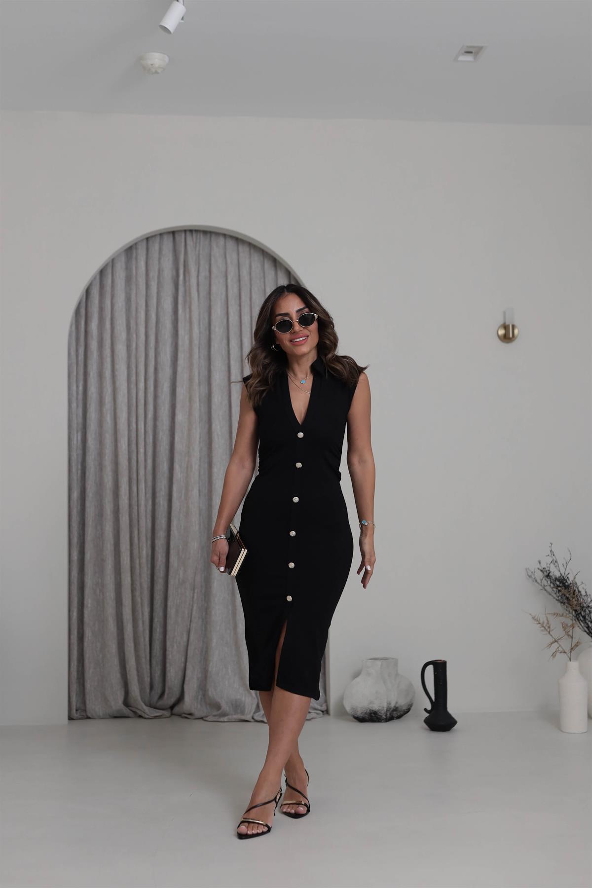 6792 Polo Yaka Gold Düğmeli Drapeli Çelik Örme Elbise SİYAH