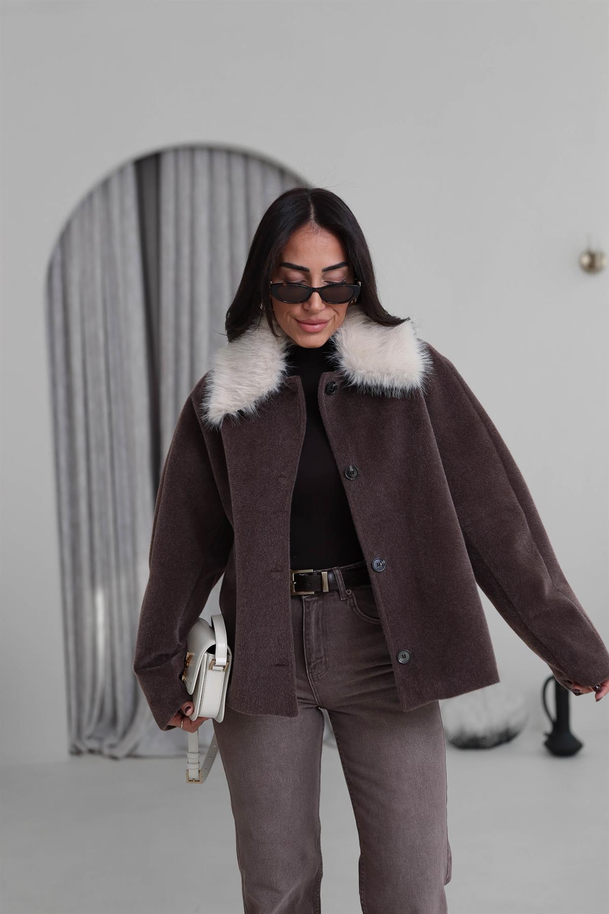 6829 Kürk Yakalı Alpaka Ceket KAHVE