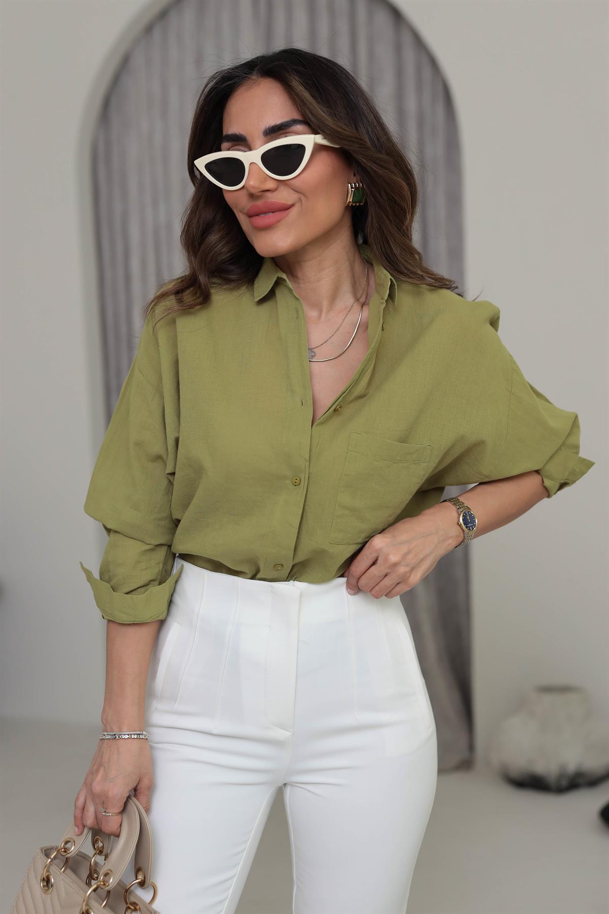 4294 Cep Detaylı Pamuklu Dokulu Gömlek FISTIK YEŞİLİ