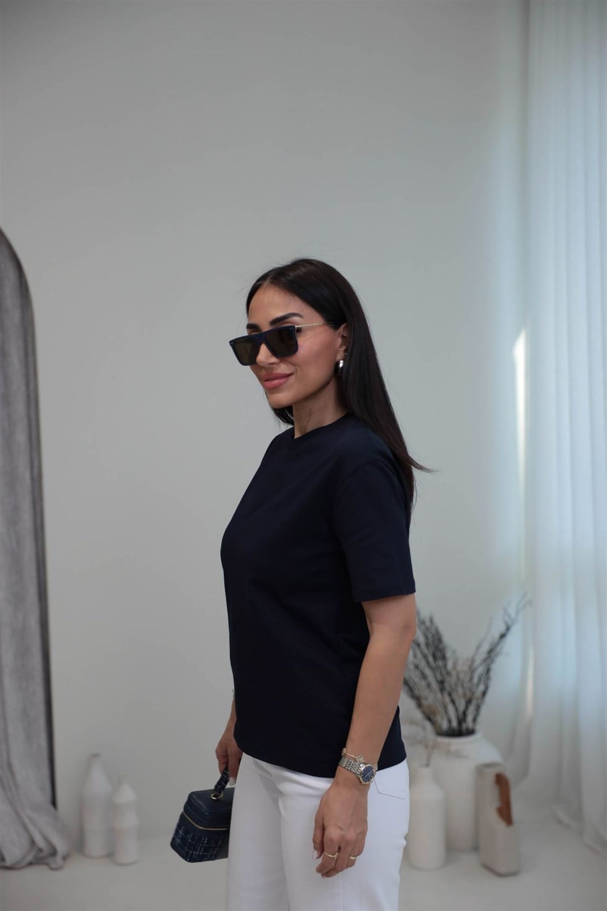 0312 Dekoratif Dikişli Pamuklu Tshirt LACİVERT