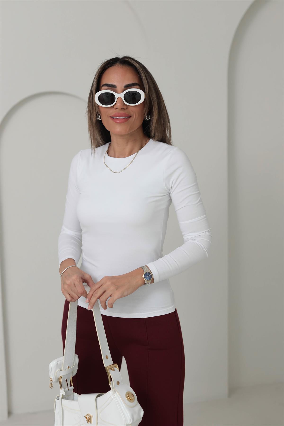 6487 Sıfır Yaka Pamuklu Yumuşak Bluz BEYAZ