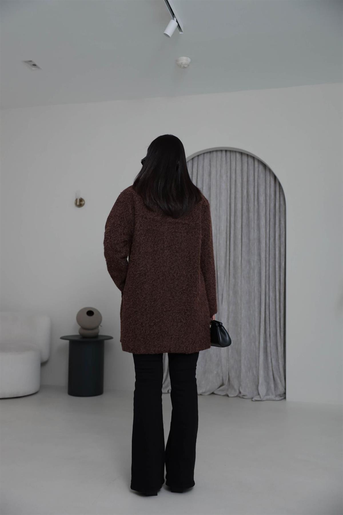 9699 Çift Düğmeli Buklet Kaban KAHVE