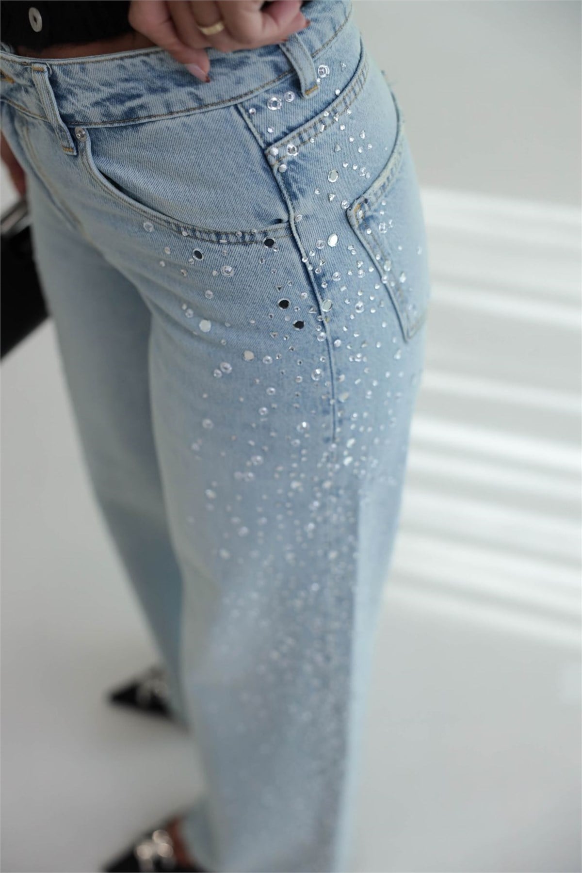 9119 Taş işlemeli Wide Leg jean AÇIK MAVİ